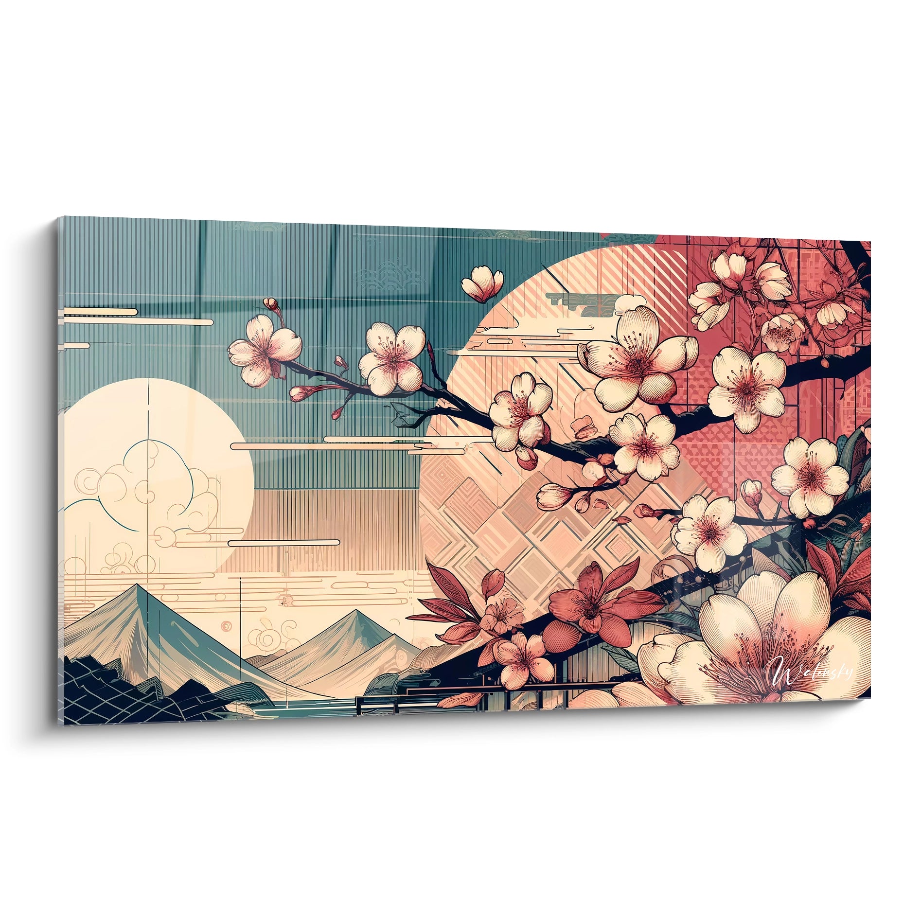 "Tableau en verre acrylique de la collection Japon / Asiatique, vue de biais, affichant des motifs traditionnels japonais avec des couleurs vibrantes. Art mural asiatique pour décoration intérieure."