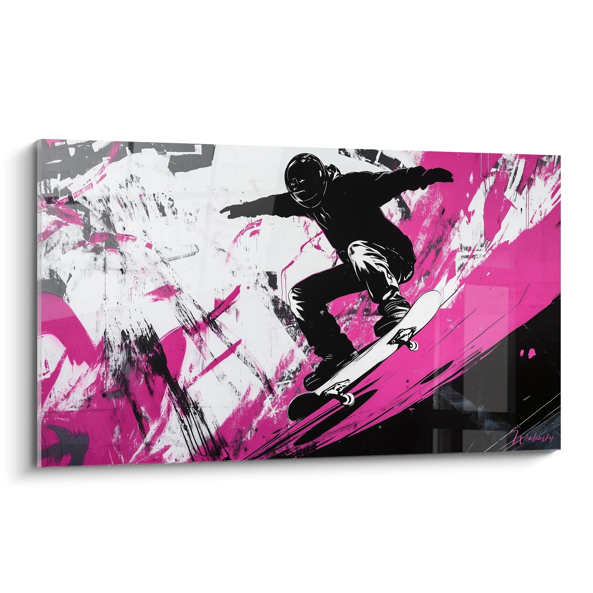 Un tableau street art dynamique représentant un skateur en mouvement sur fond éclaboussé de rose fuchsia et blanc, avec une silhouette noire en plein saut, créant un contraste saisissant et une impression de vitesse grâce aux textures expressives.
