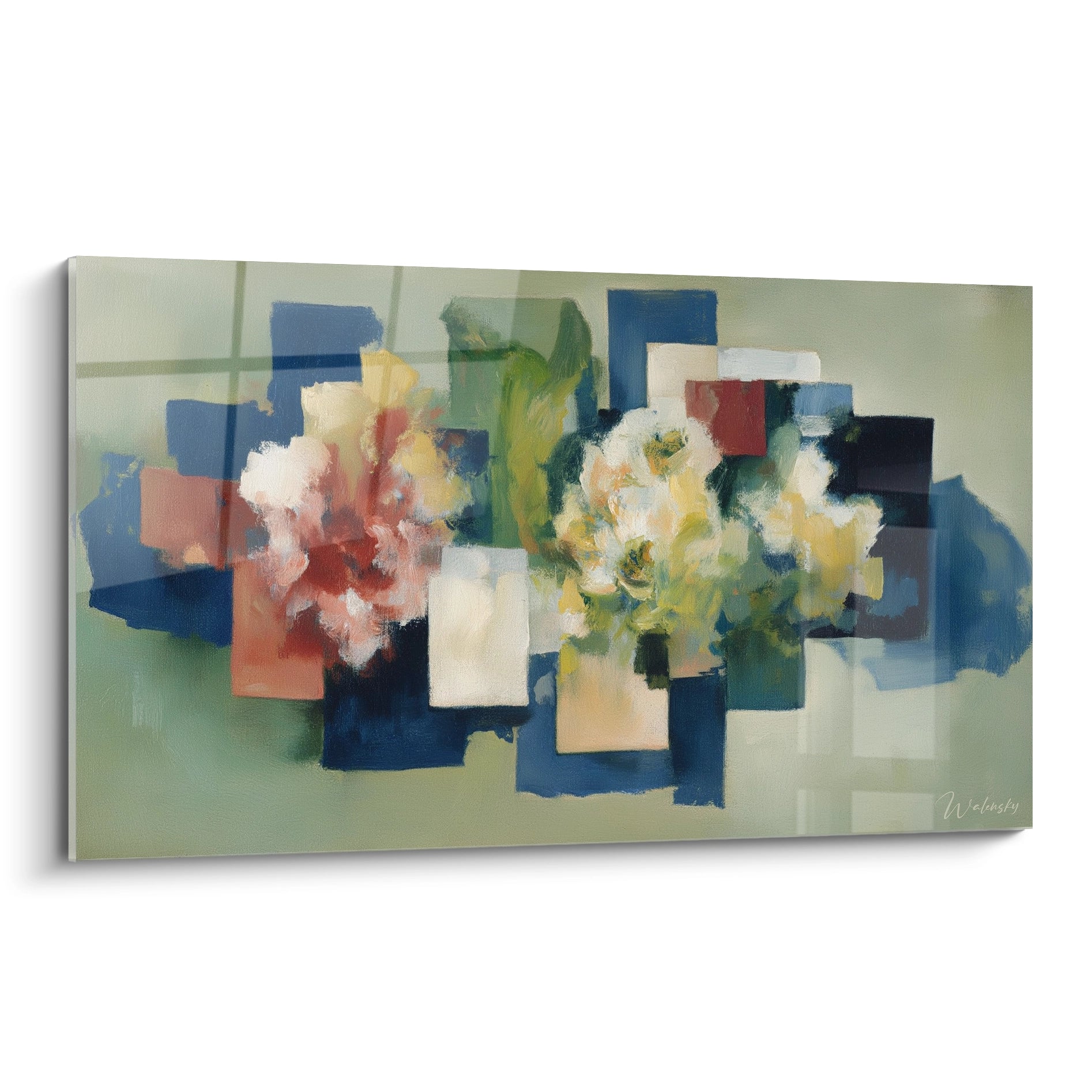 Walensky tableau mural fleurs dadaïsme peinture abstraite de fleurs roses et blanches sur blocs géométriques bleus et verts