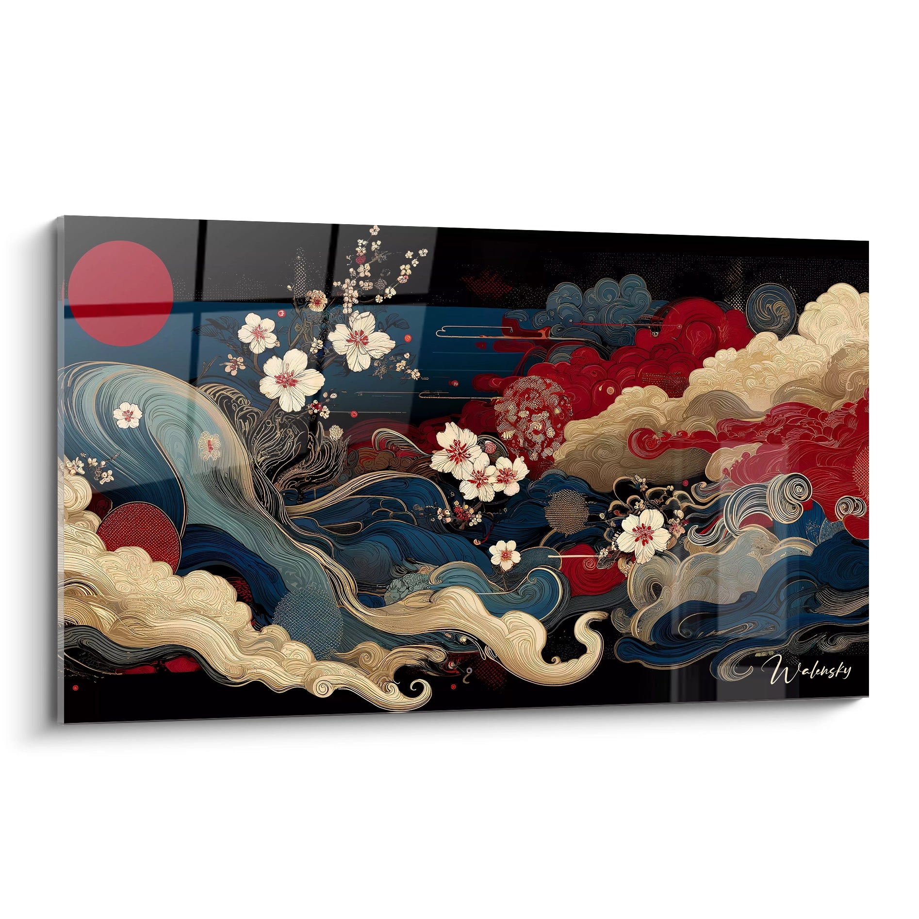 "Tableau en verre acrylique de la collection Japon / Asiatique, vue de biais, affichant des motifs traditionnels japonais avec des couleurs vibrantes. Art mural asiatique pour décoration intérieure."