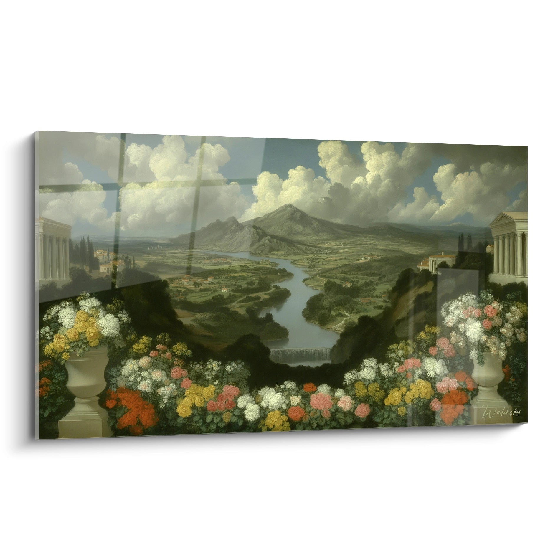 tableau paysage néo classique Walensky montrant terrasse fleurie, colonnes et vallée fluviale vers montagne