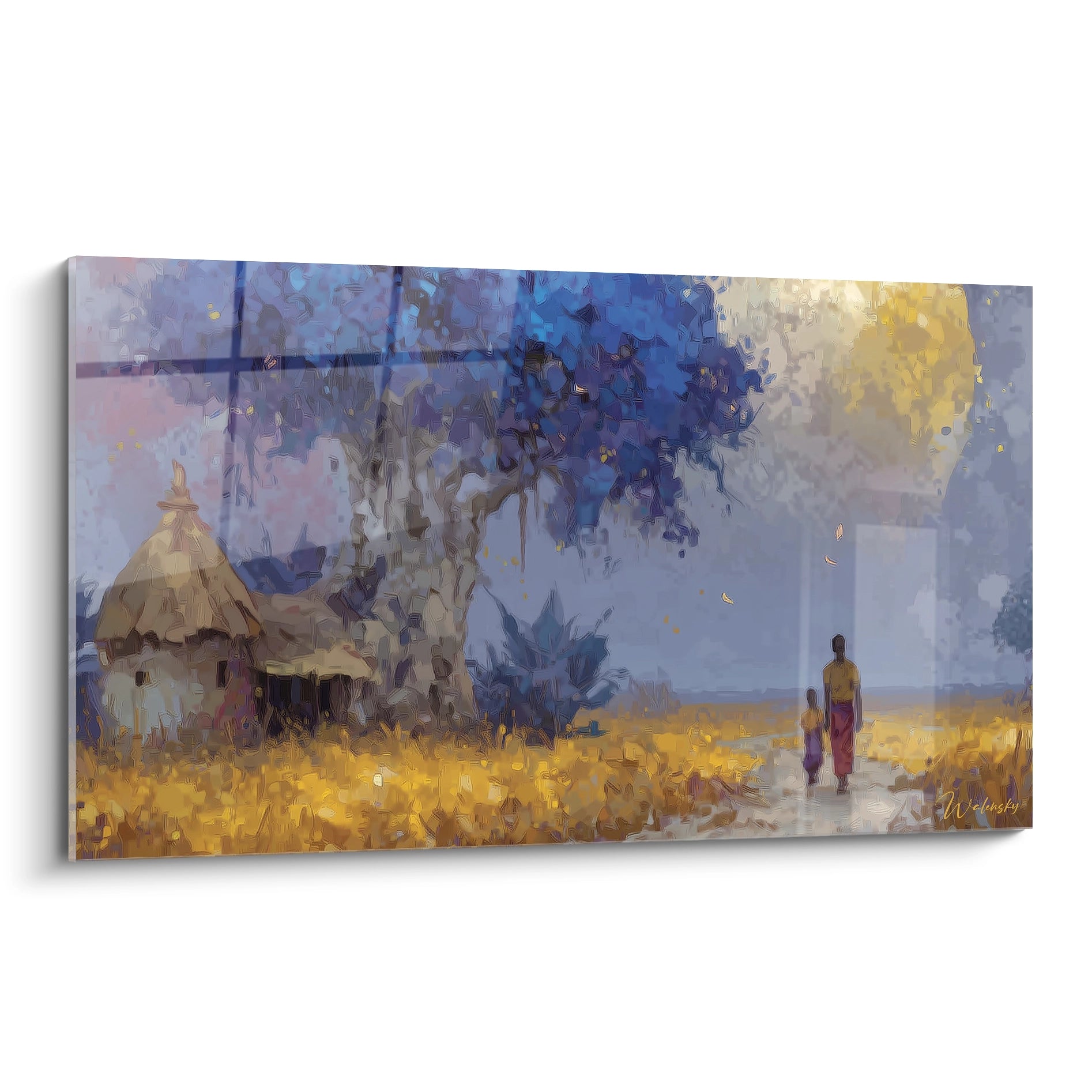 Tableau Village Huttes dorées sous l'acacia bleu - édition paysage africain