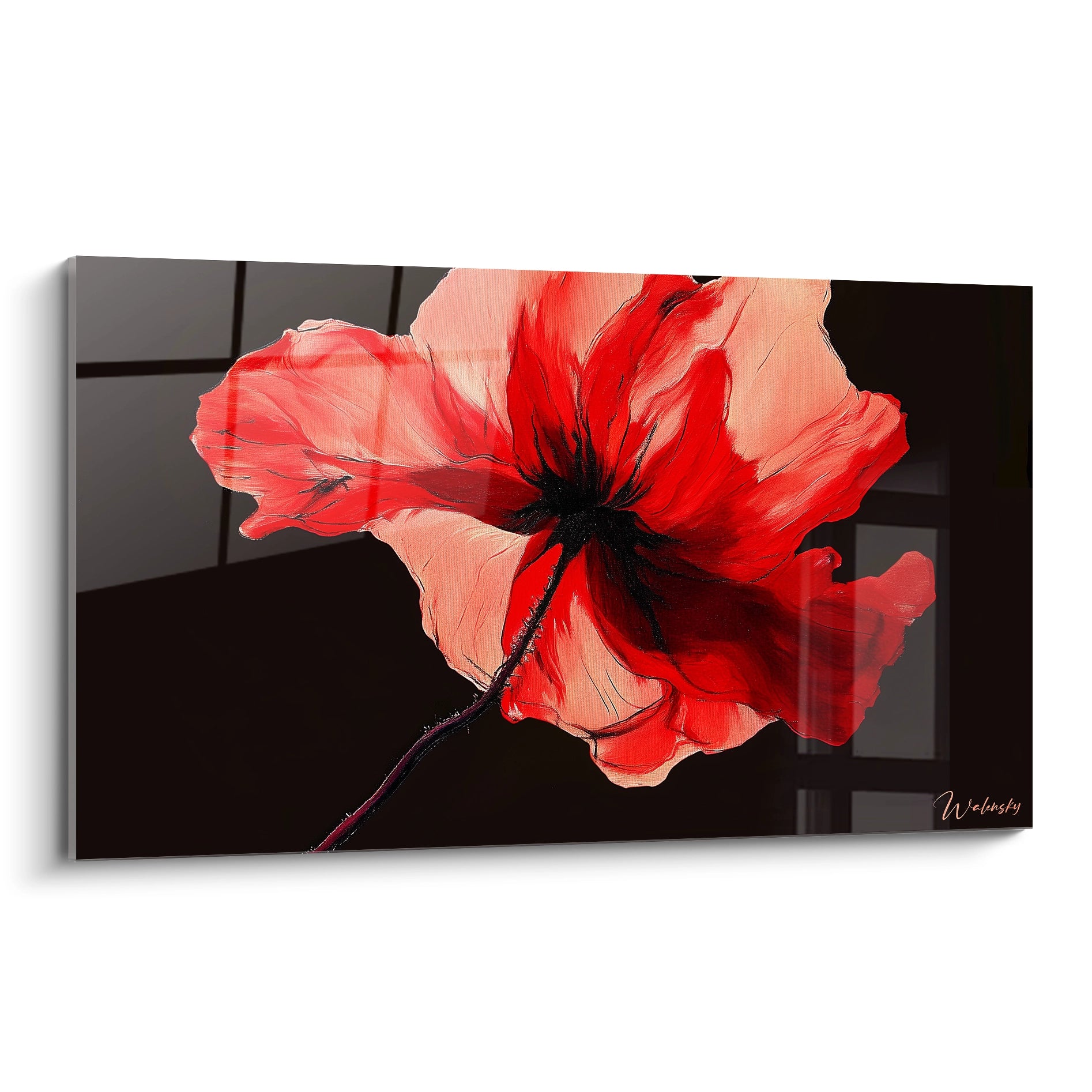 Un tableau coquelicot nature représentant une fleur rouge vif sur fond noir, avec des textures lisses et des traits noirs contrastés, mettant en avant des nuances de rouge, noir et beige.

