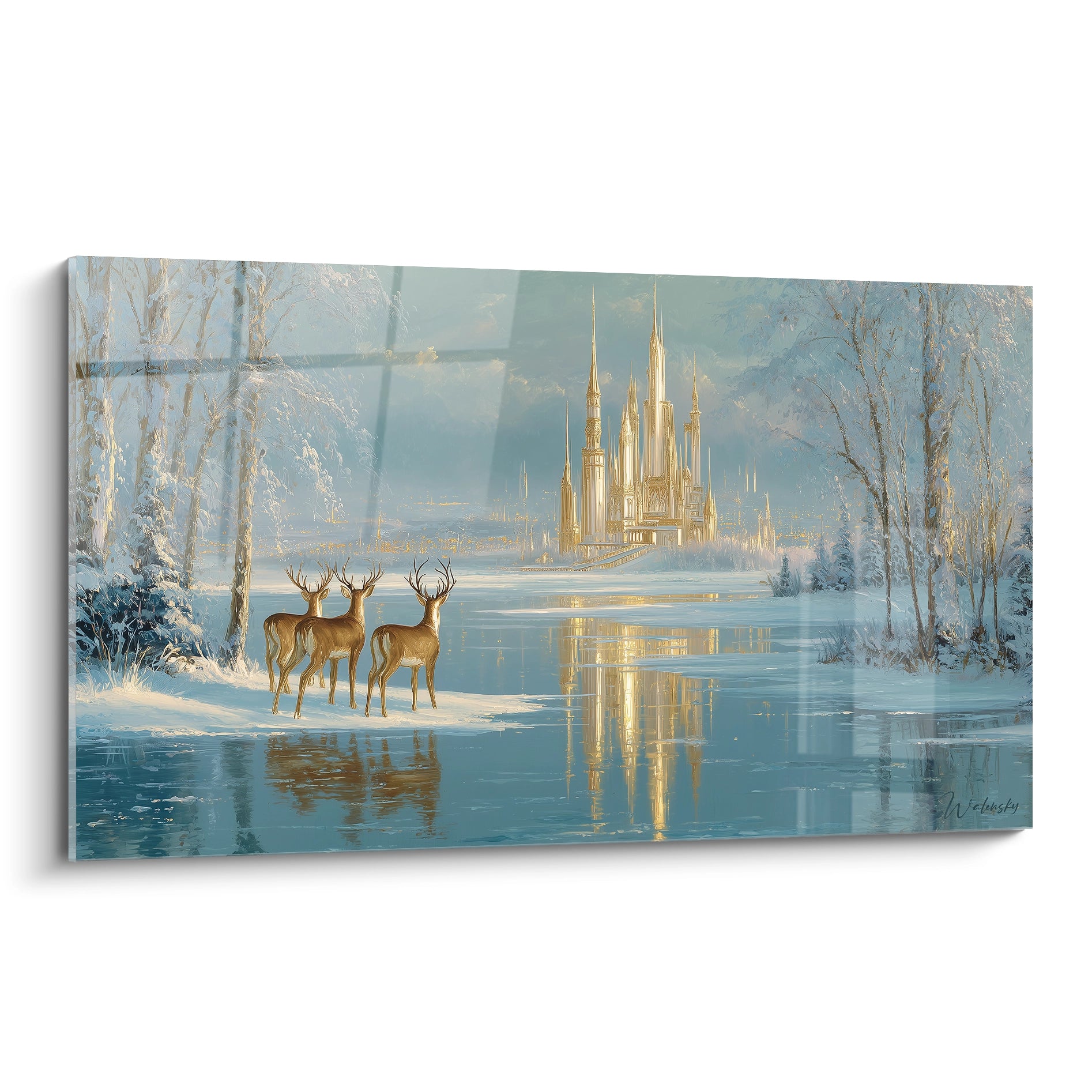 Tableau cerfs édition Noël représentant deux cerfs devant un paysage hivernal féerique avec un château