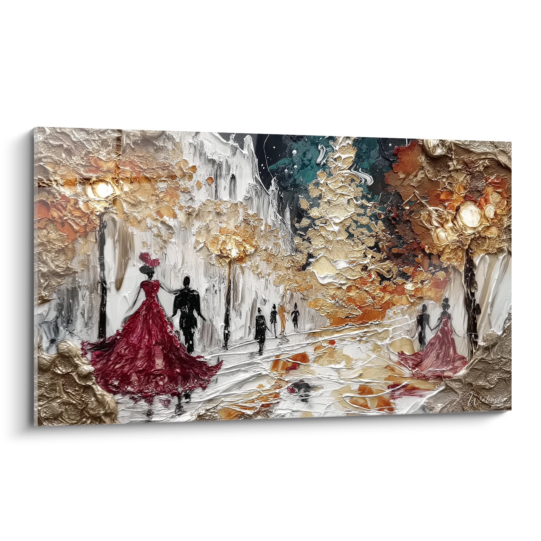 Tableau couple Noël flocons dorés avec une scène romantique sous un ciel étoilé