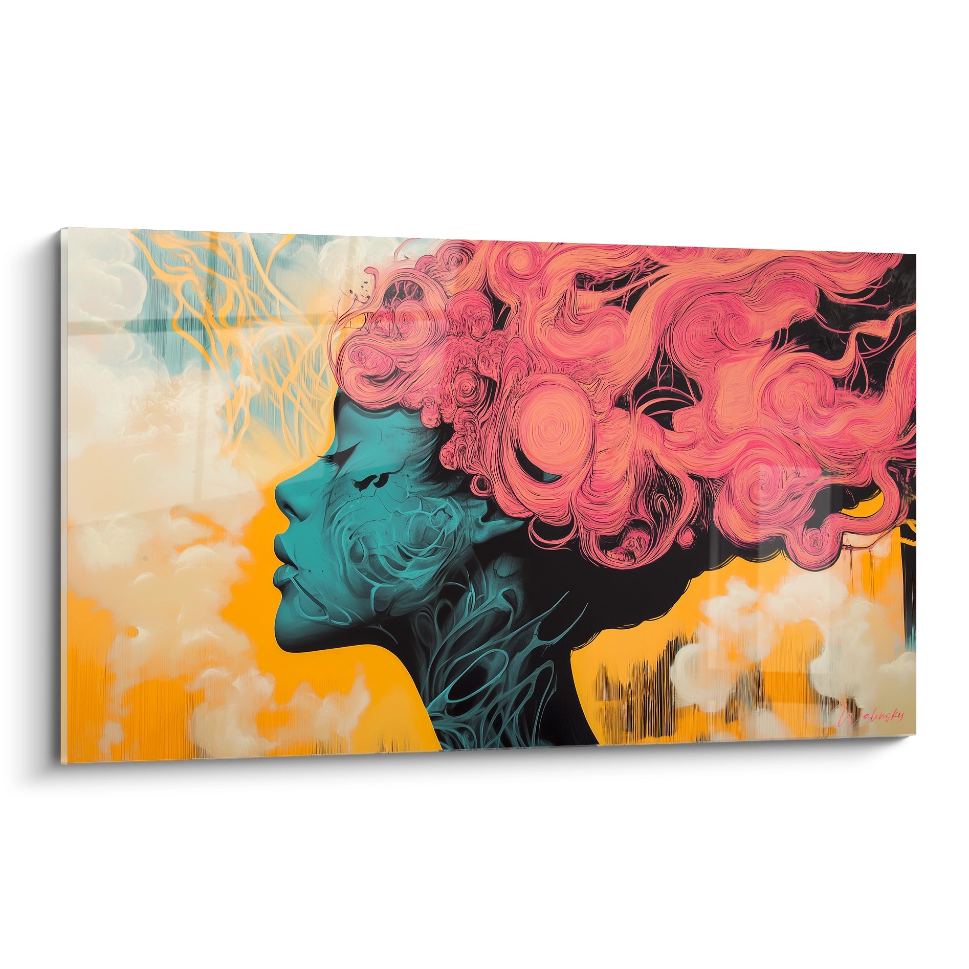 Tableau artistique représentant un profil féminin turquoise avec des cheveux rose vif en spirales tourbillonnantes sur fond orange nuageux, mêlant style street art et influences psychédéliques avec des contrastes de couleurs saisissants.
