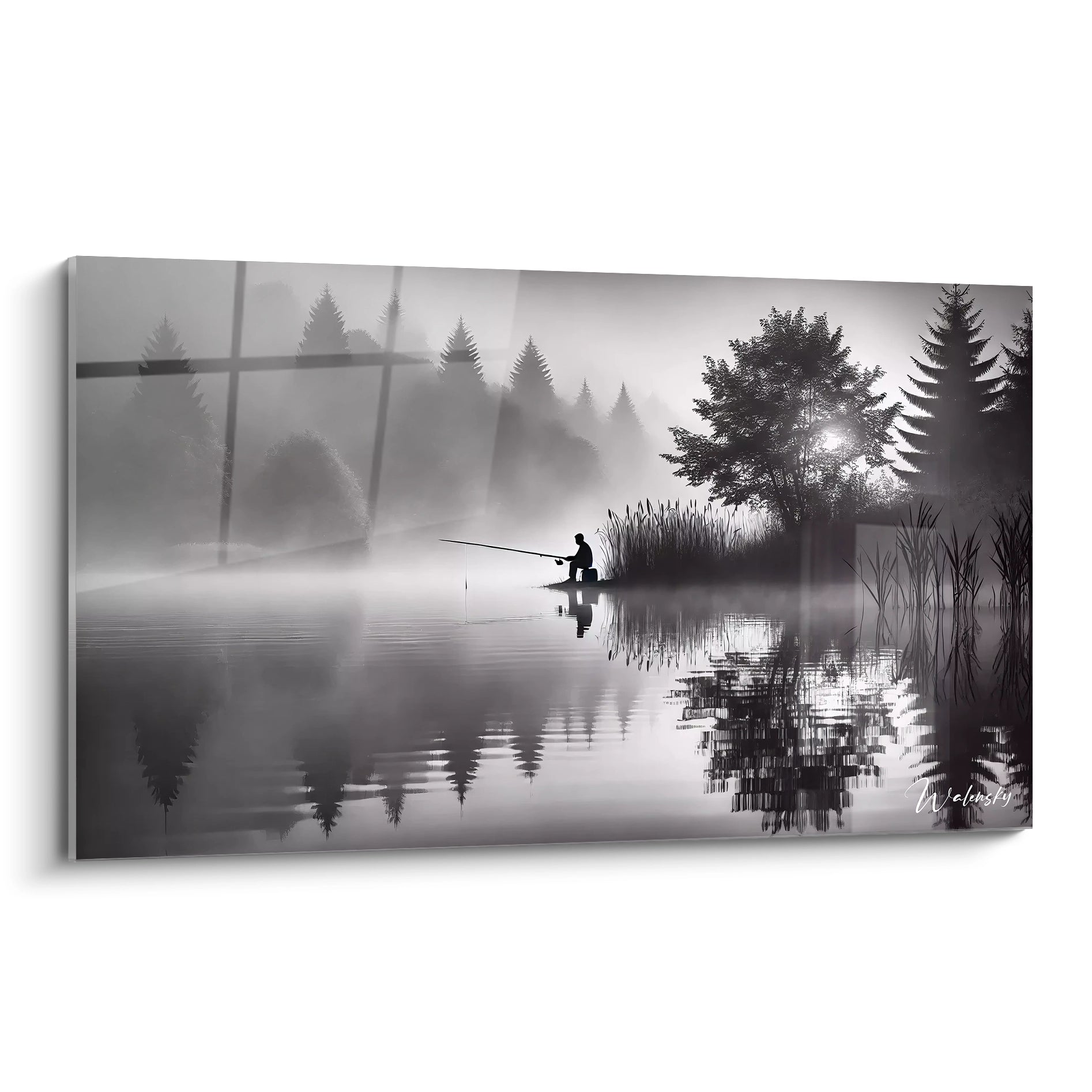 tableau noir et blanc vu de biais dans un salon moderne reflets d eau et brume subtile contraste élégant noir blanc gris sérénité minimaliste détails réalistes pour une atmosphère calme

