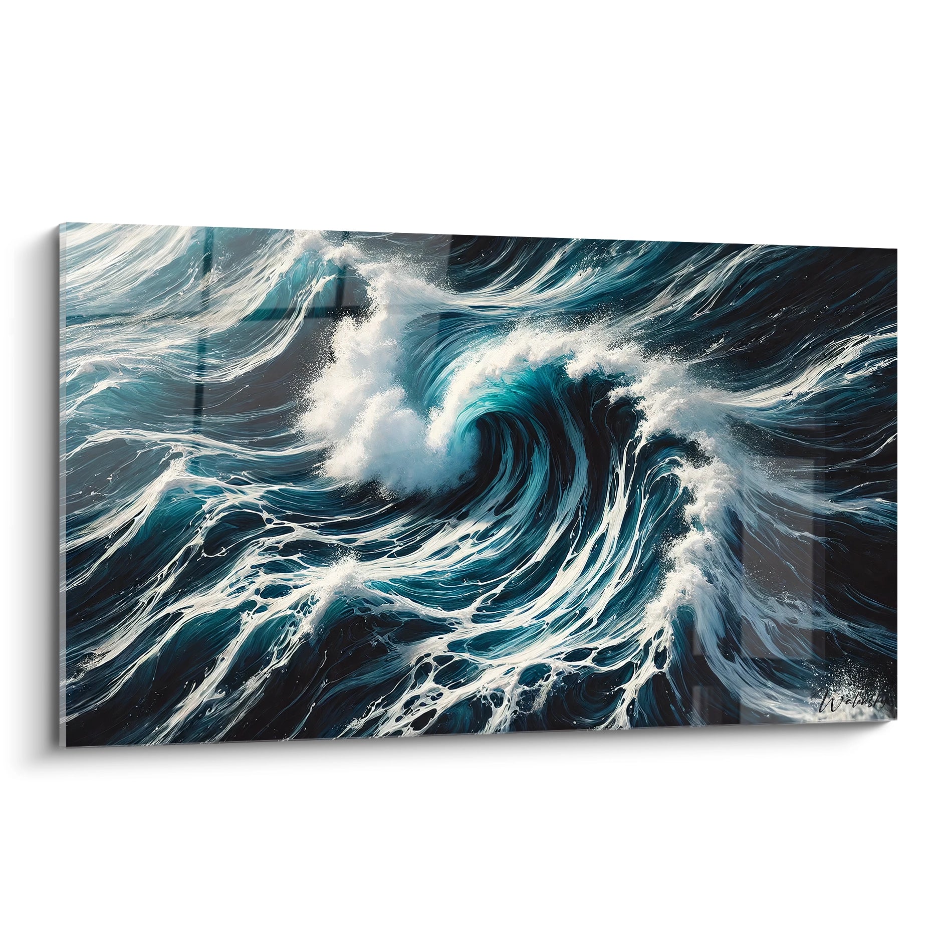 Vue de biais de ce tableau Ocean capturant la puissance des vagues et la profondeur des bleus marins une oeuvre qui evoque l intensite hypnotisante de la mer en mouvement

