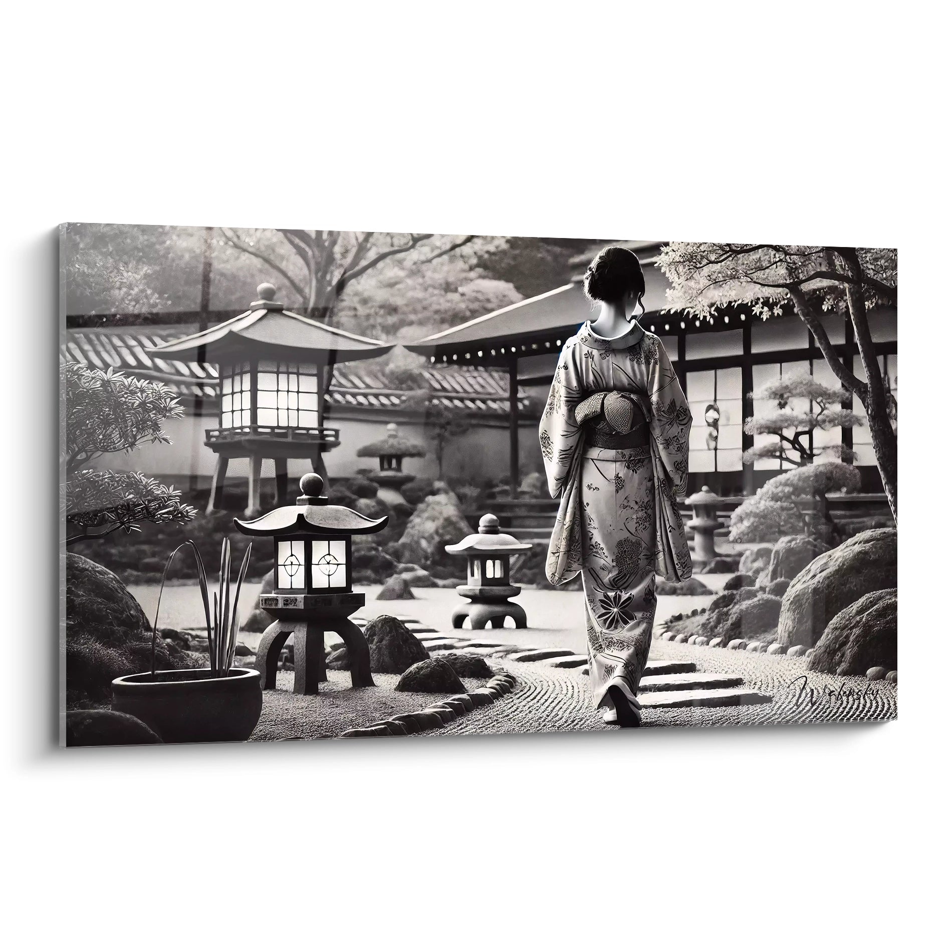 Tableau noir et blanc vu de biais, détails raffinés des jardins japonais, kimono délicat et textures élégantes, contrastes subtils des pavillons et lanternes, une atmosphère zen captivante.

