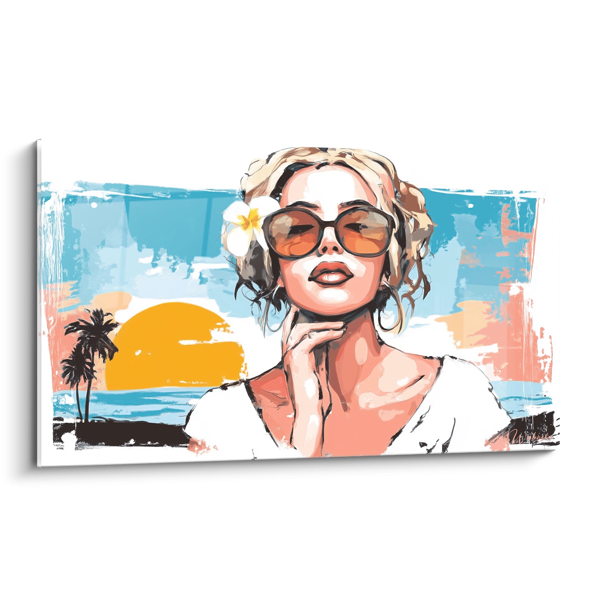Tableau femme glamour Walensky sur toile style pop art femme blonde lunettes de soleil plage coucher de soleil
