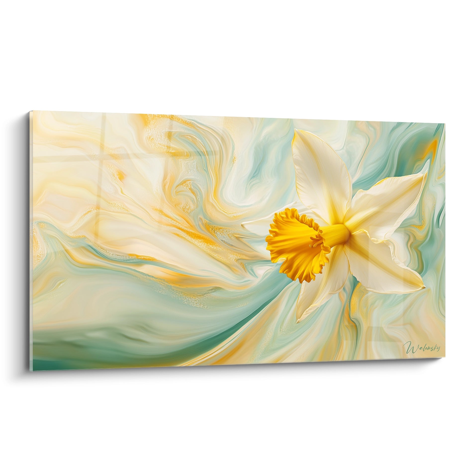 Un tableau Narcisse nature représentant une fleur de narcisse détaillée sur un fond abstrait fluide, mêlant des teintes jaune doré, blanc et vert, avec des effets de textures lisses et tourbillonnantes.

