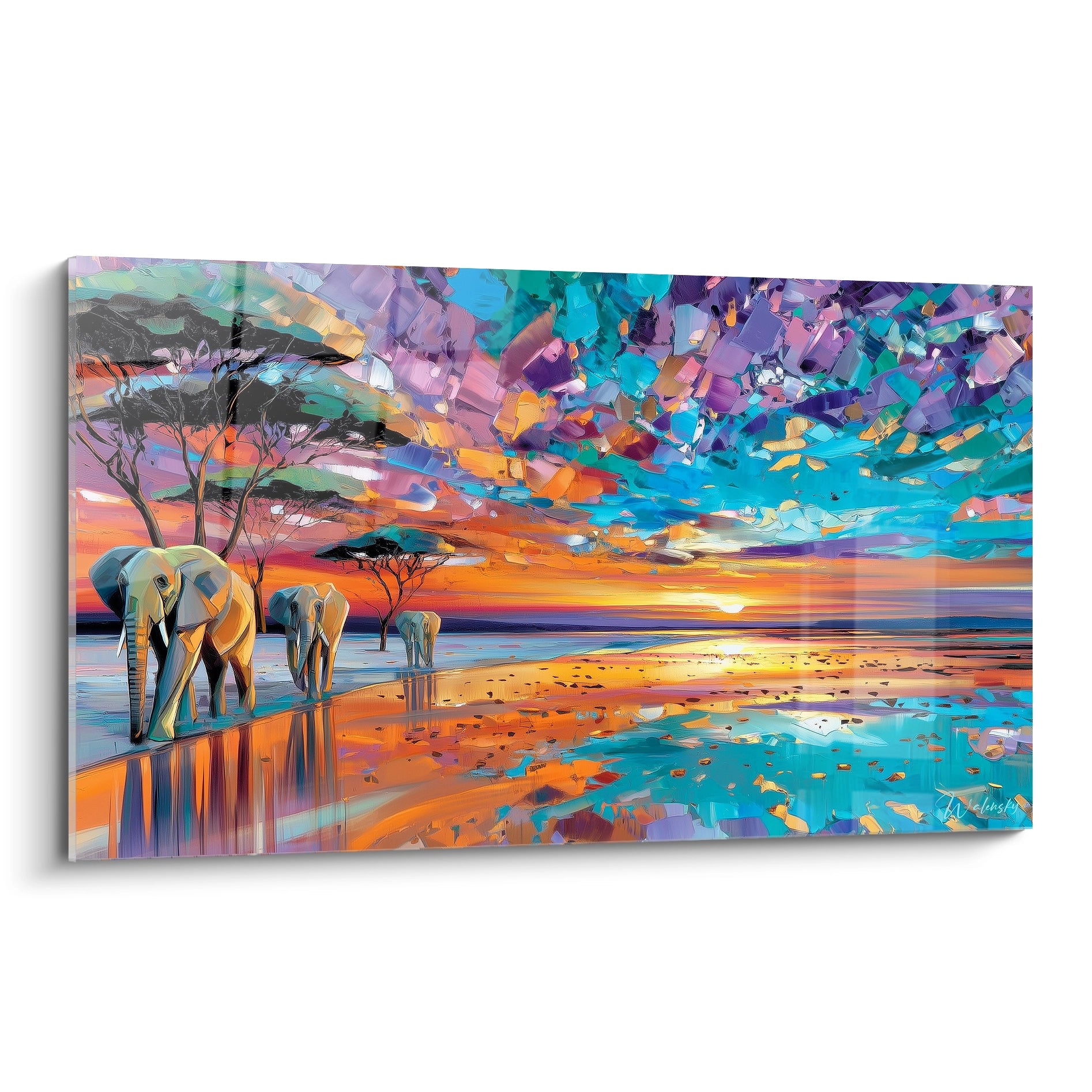 Tableau éléphants paysage africain avec couleurs vives et coucher de soleil éclatant