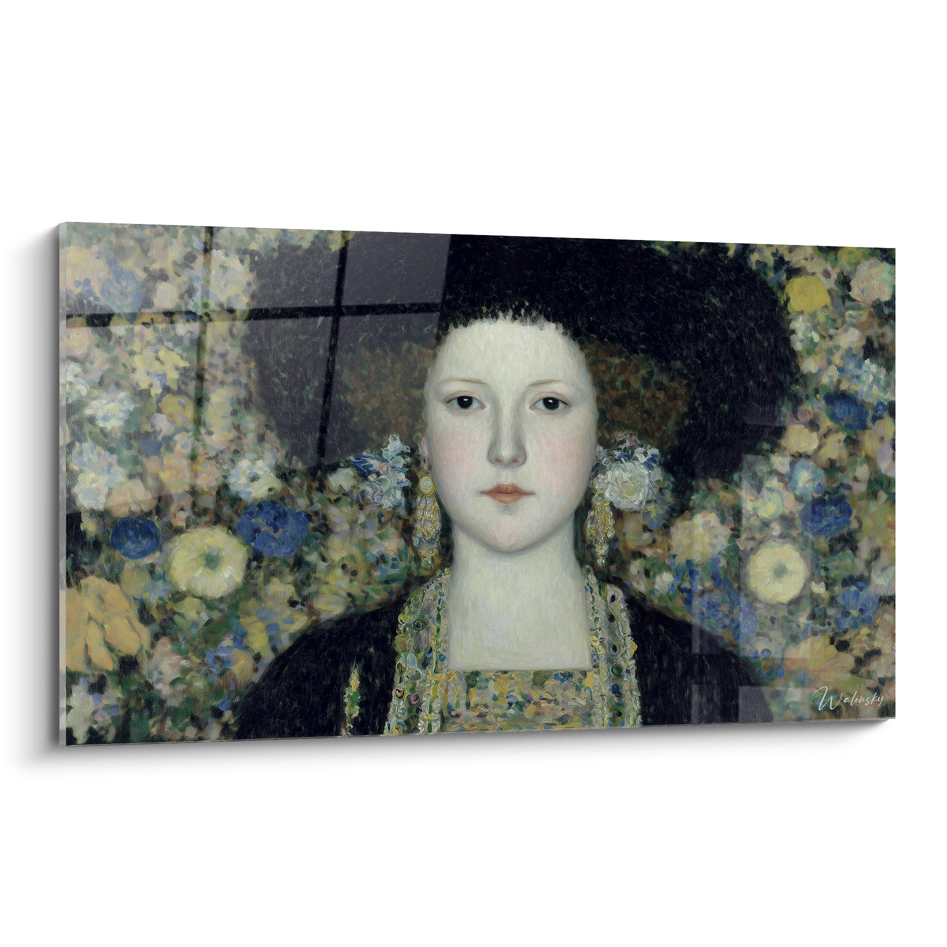 tableau femme symboliste Walensky portrait féminin au visage pâle bijoux baroques et fond floral pour décoration murale