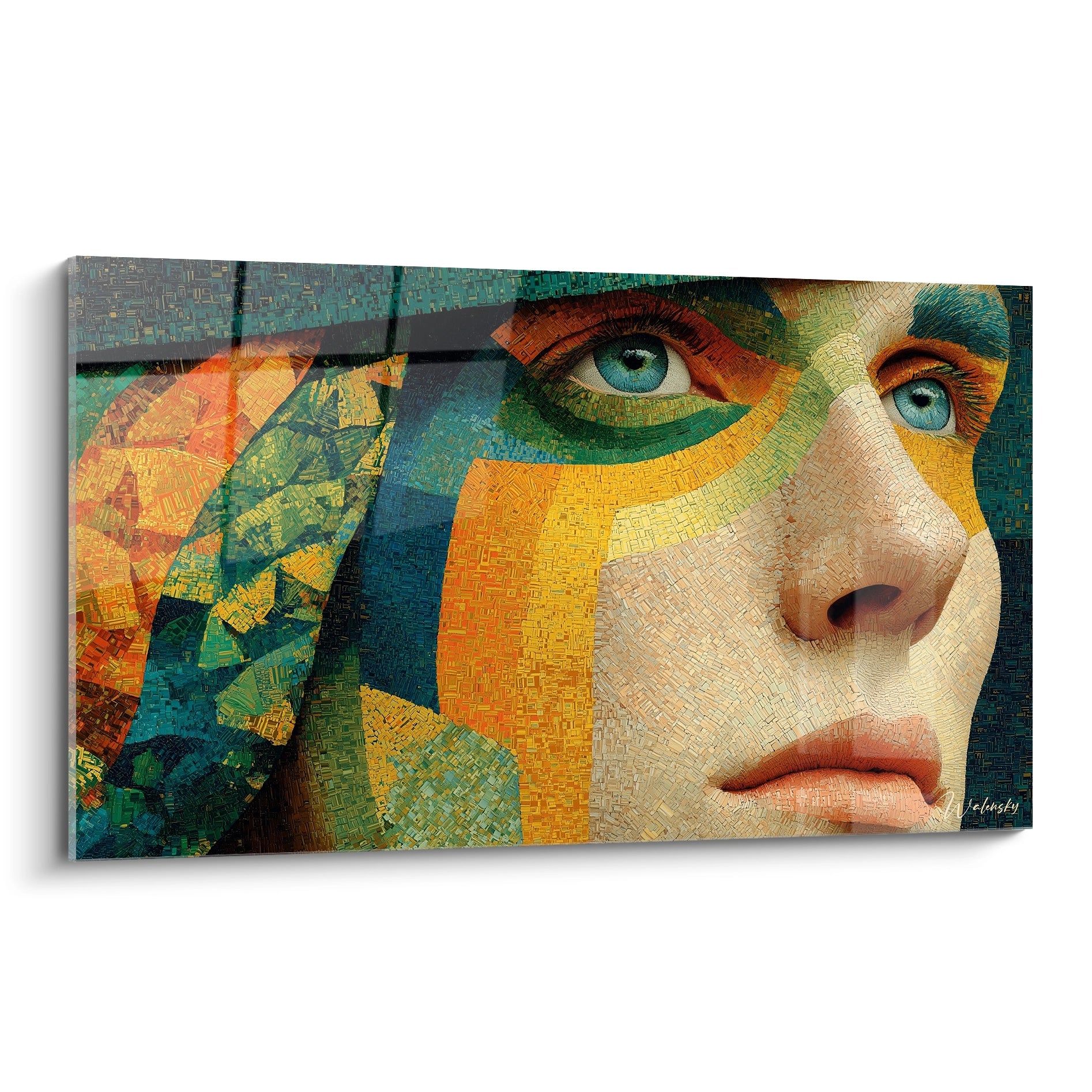 tableau mosaïque visage moderne Walensky gros plan profil féminin oeil bleu motifs géométriques colorés