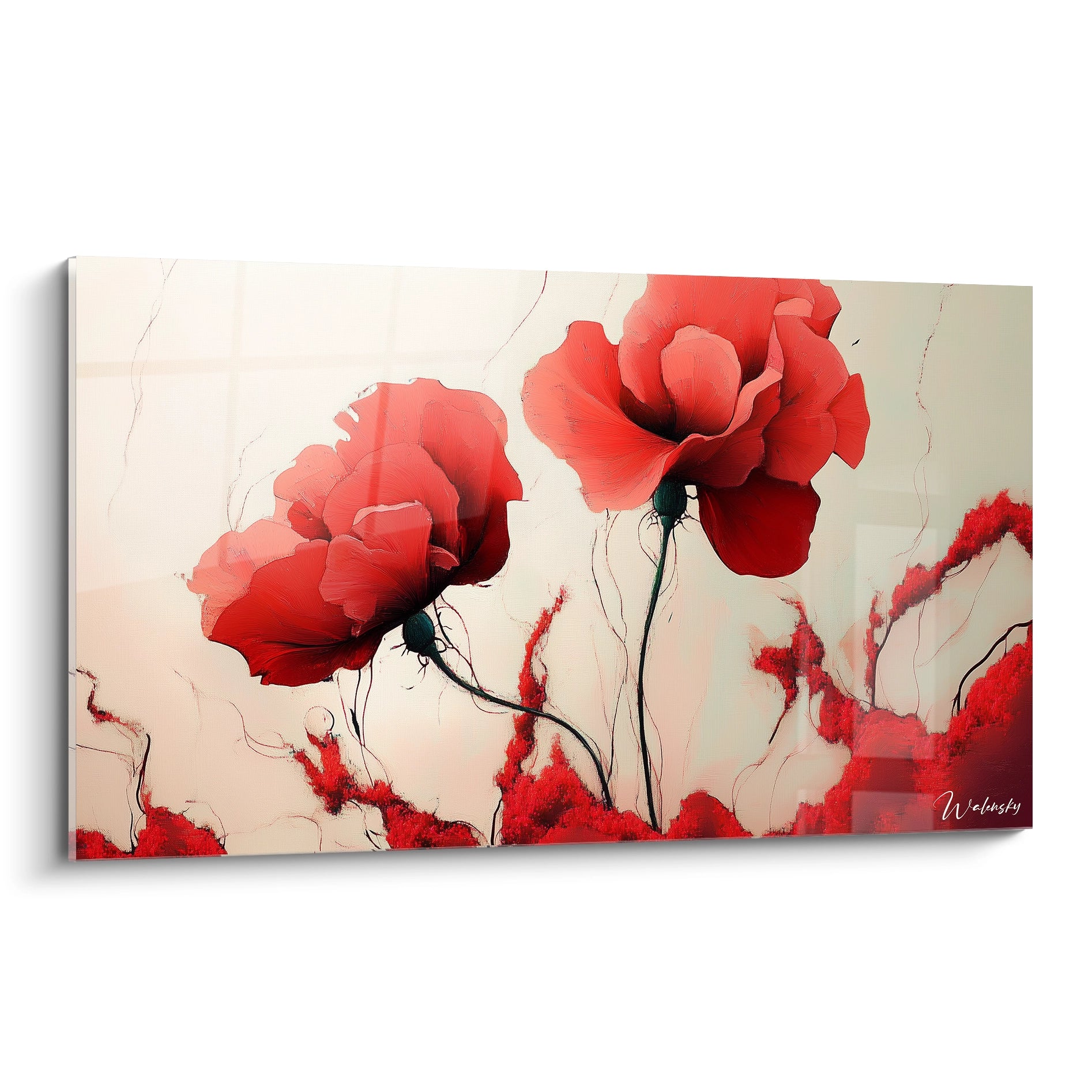 Un tableau coquelicot nature représentant deux fleurs rouges aux pétales détaillés sur un fond beige texturé, avec des tiges fines et des touches de noir et de vert apportant du contraste.

