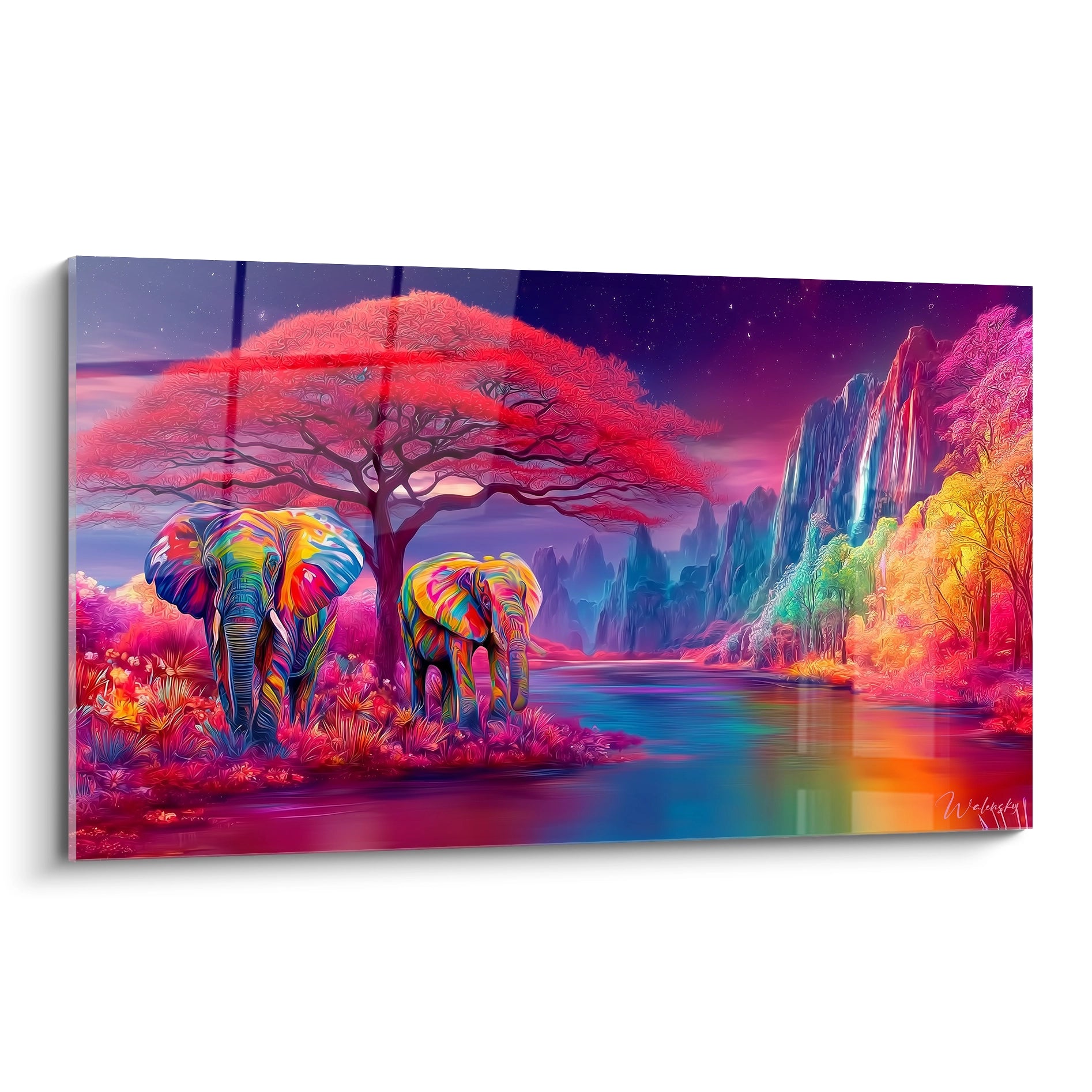 Tableau mural éléphants colorés savane avec des paysages vibrants et une ambiance magique
