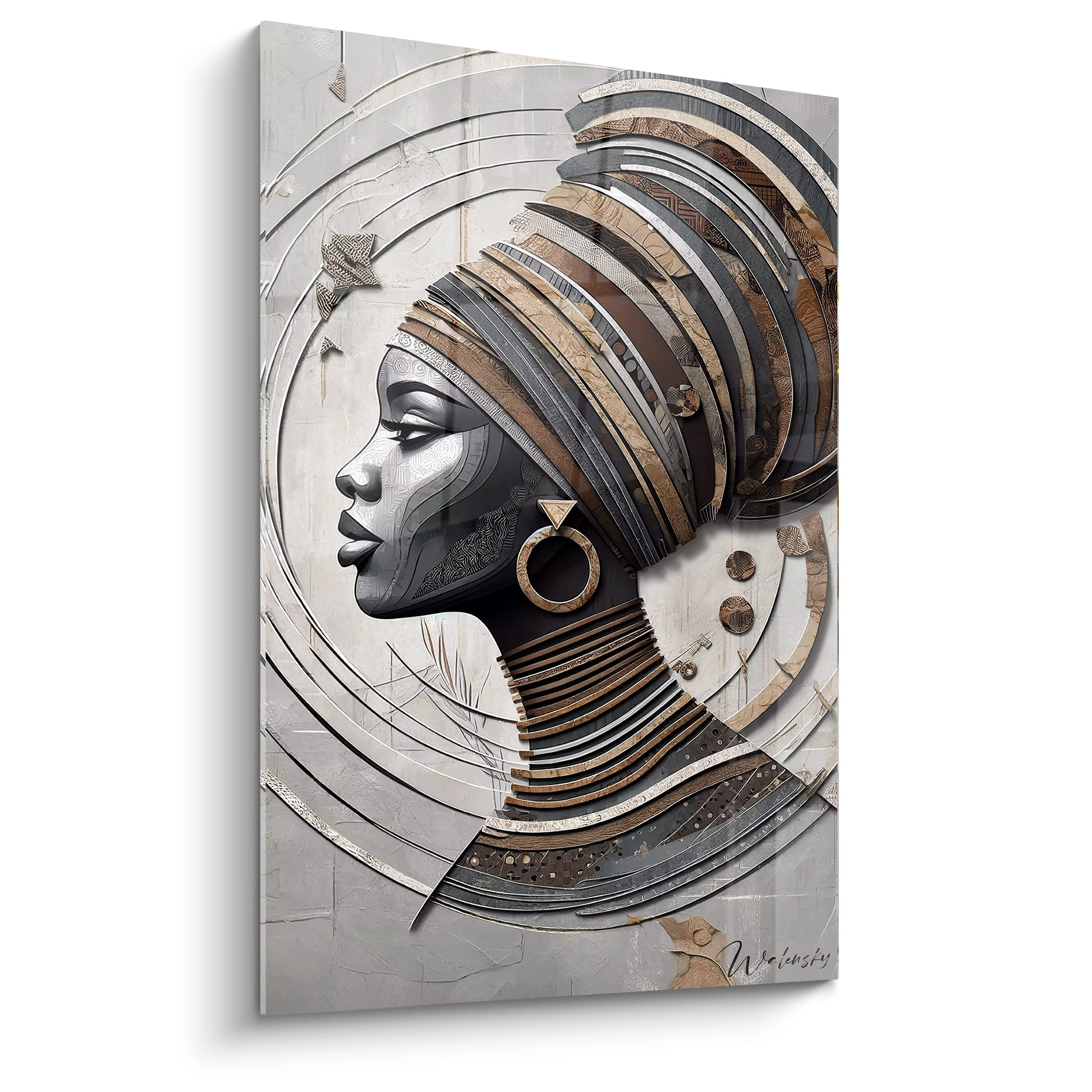 "Tableau en verre acrylique premium de la collection Africa, présenté de profil. Ce magnifique art mural, avec ses motifs africains et ses couleurs vibrantes, est idéal pour ajouter une touche contemporaine et élégante à tout intérieur. Parfait pour la décoration murale de salons modernes, chambres stylées et espaces de bureaux chics."