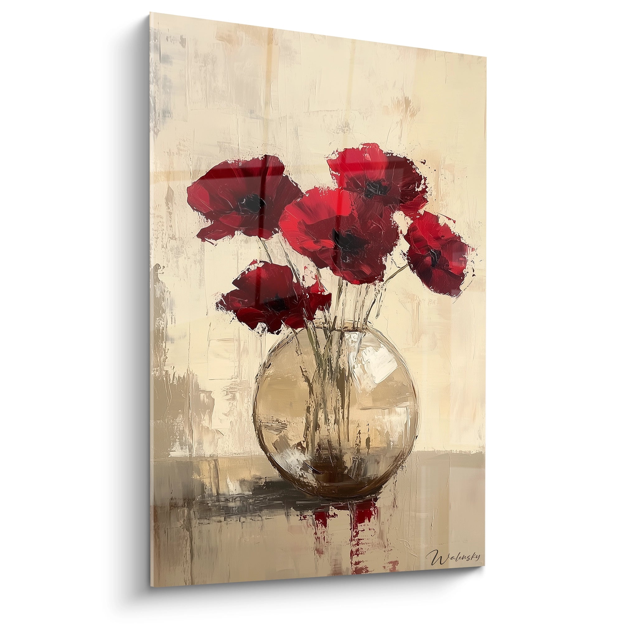 Un tableau coquelicot nature représentant un bouquet de coquelicots rouges dans un vase rond, sur fond beige texturé avec des effets de relief et des coups de pinceau visibles.

