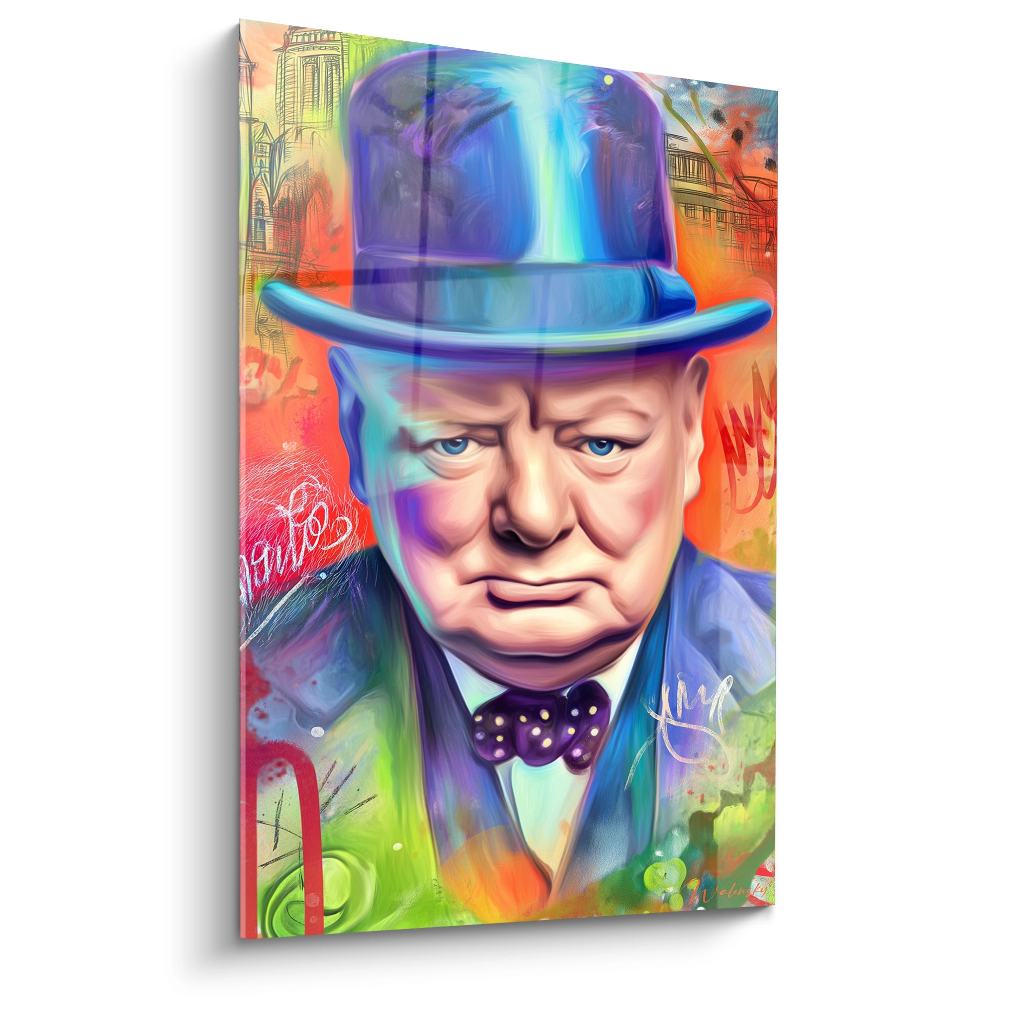 tableau portrait Winston Churchill coloré style pop art sur toile verticale par Walensky