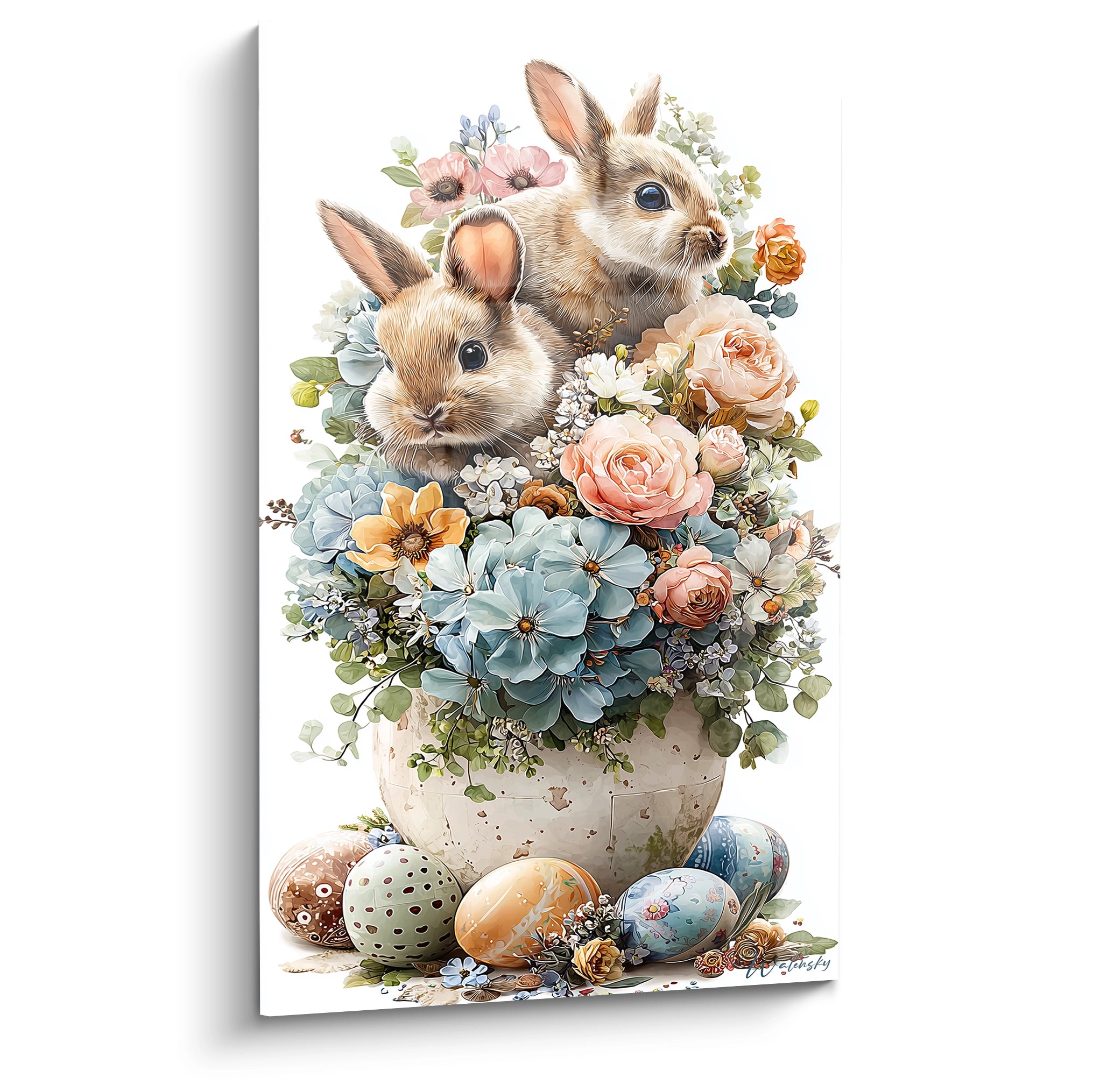 tableau lapins bouquet pâques Walensky tableau mural deux lapins dans un vase de fleurs printanières avec oeufs peints