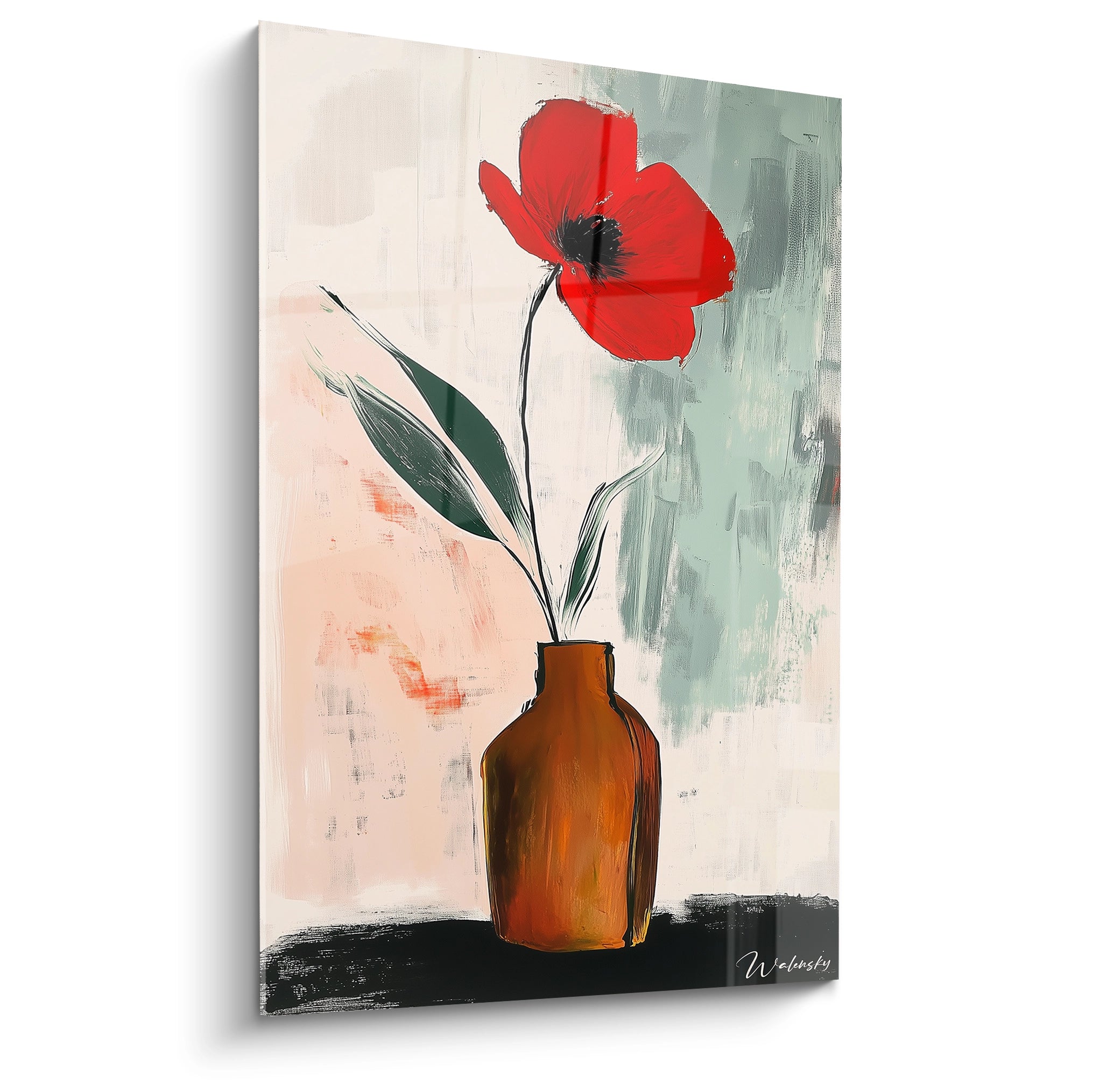 Un tableau coquelicot nature représentant une fleur rouge vif sur une tige noire, avec des feuilles vertes et un fond texturé beige et vert aux effets de pinceau visibles.

