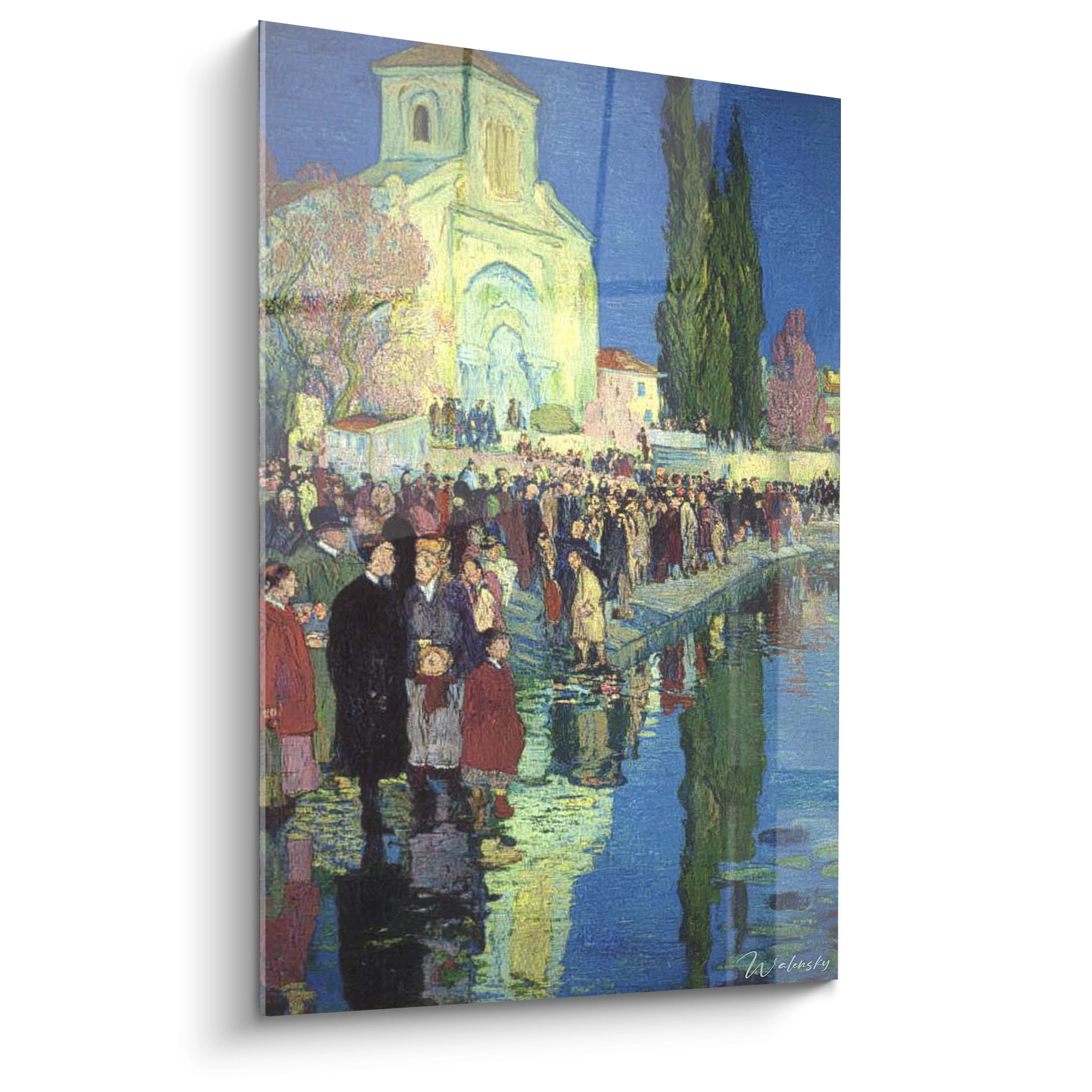 Tableau mural Walensky tableau post impressionniste foule silencieuse devant église et reflet sur l'eau