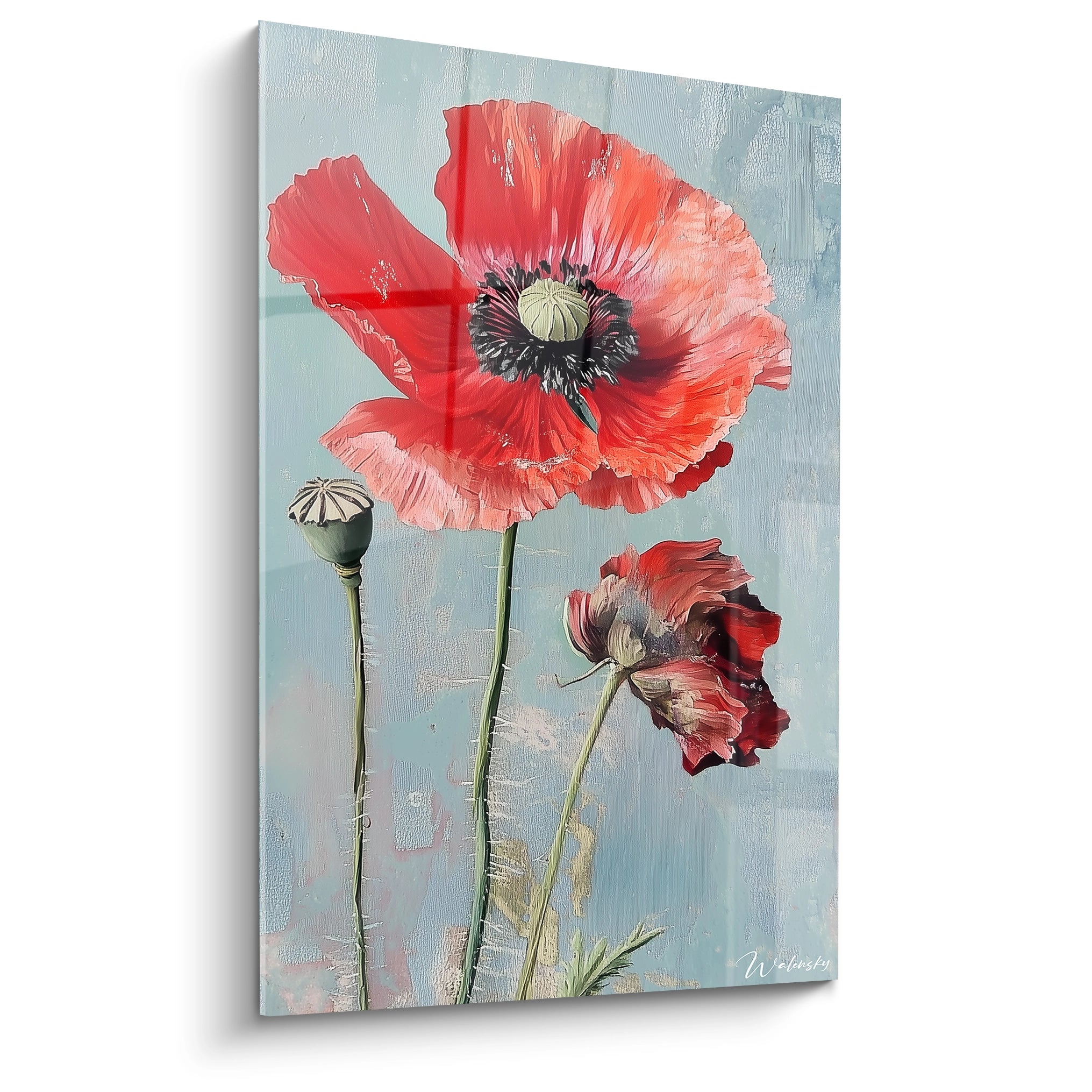 Un tableau coquelicot nature représentant trois coquelicots rouges à différentes étapes de floraison, avec un fond bleu texturé et des tiges vertes élancées aux détails légèrement en relief.

