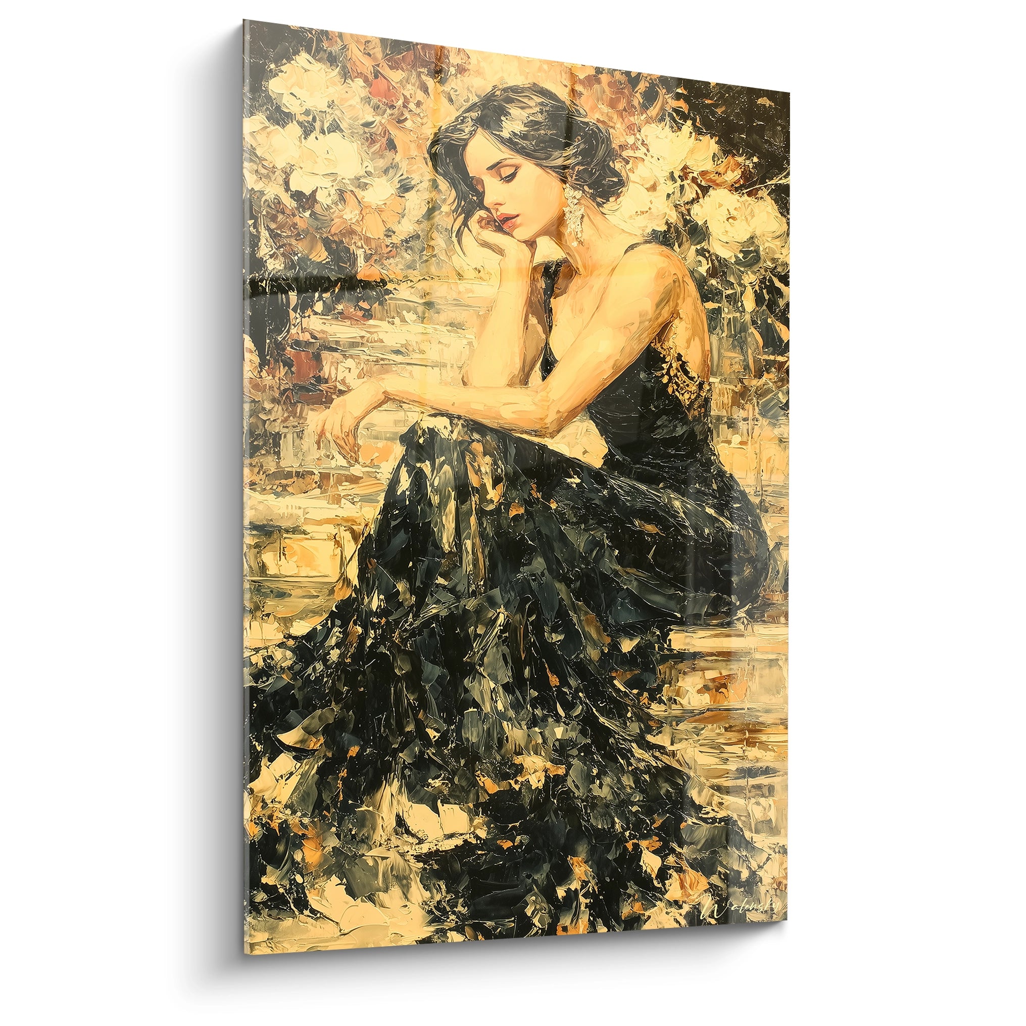 Walensky tableau femme gothique peinture murale d'une femme élégante en robe noire assise, style impressionniste