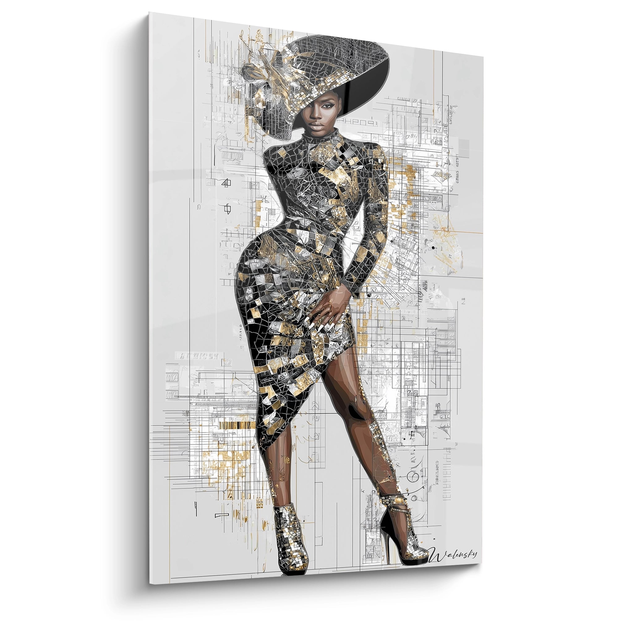 Tableau mural artistique haute couture avec une femme élégante en tenue chic sur fond abstrait
