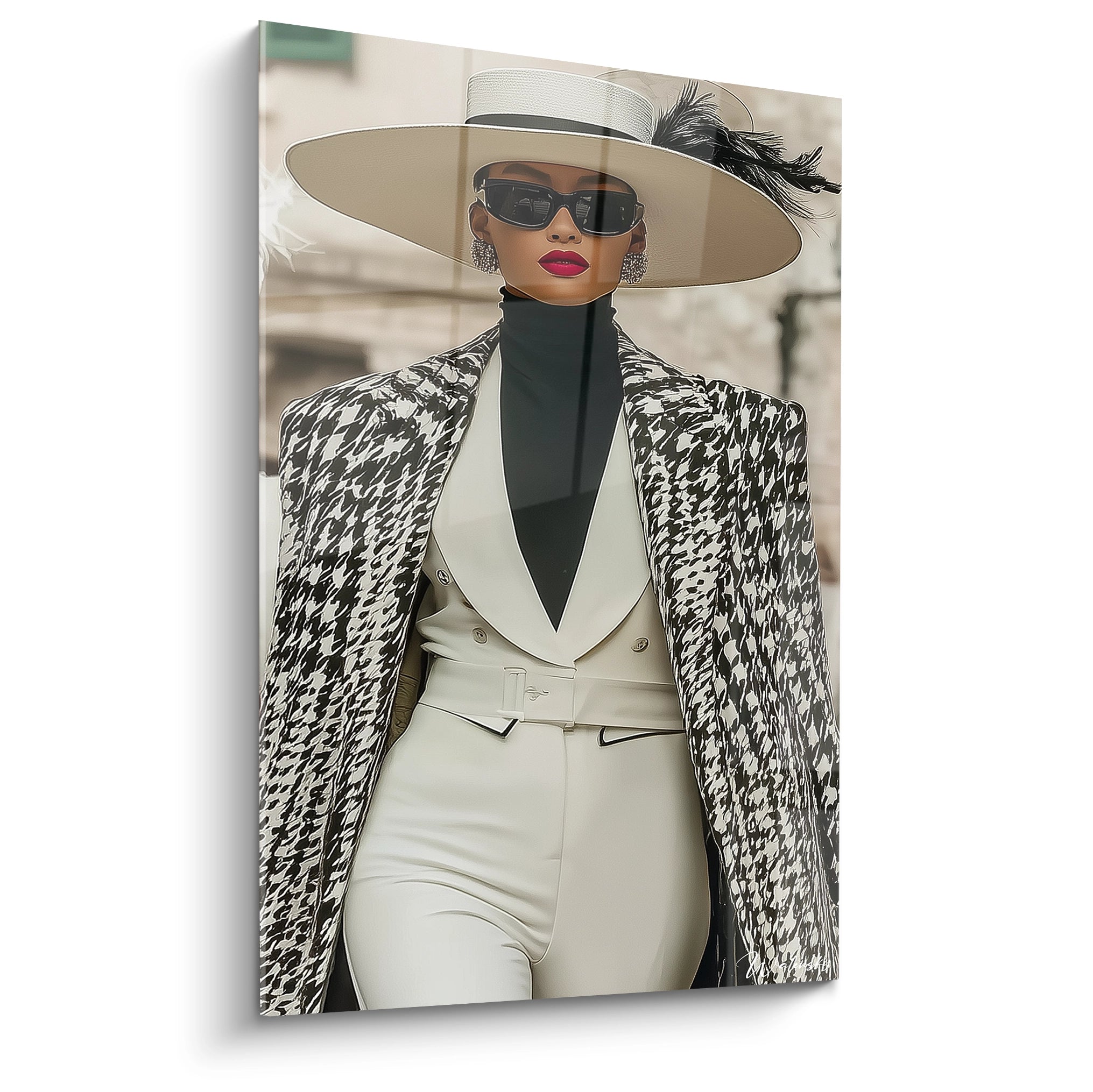 Tableau élévance française représentant une femme élégante avec un chapeau large et un manteau classique.