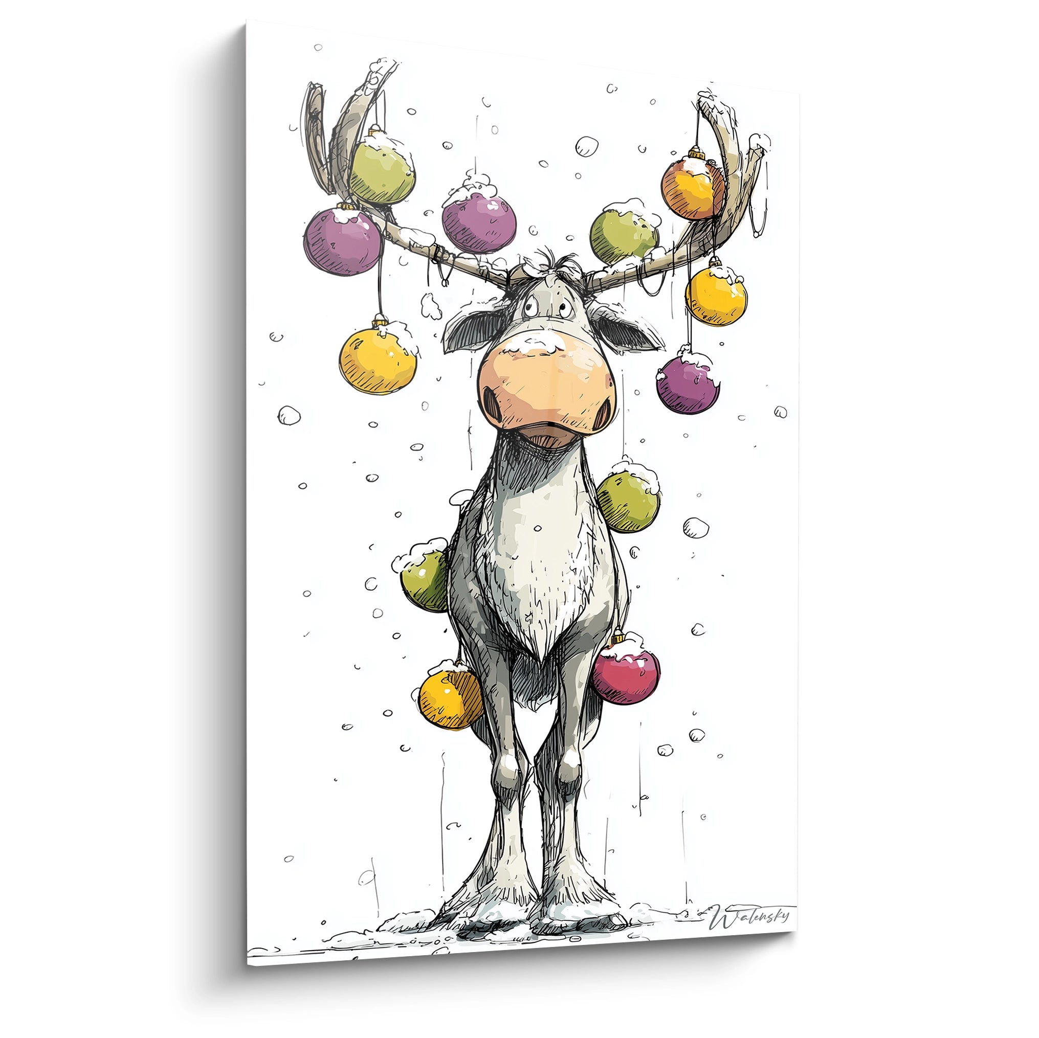 Tableau mural renne édition Noël avec des boules colorées pendant des branches dans la neige