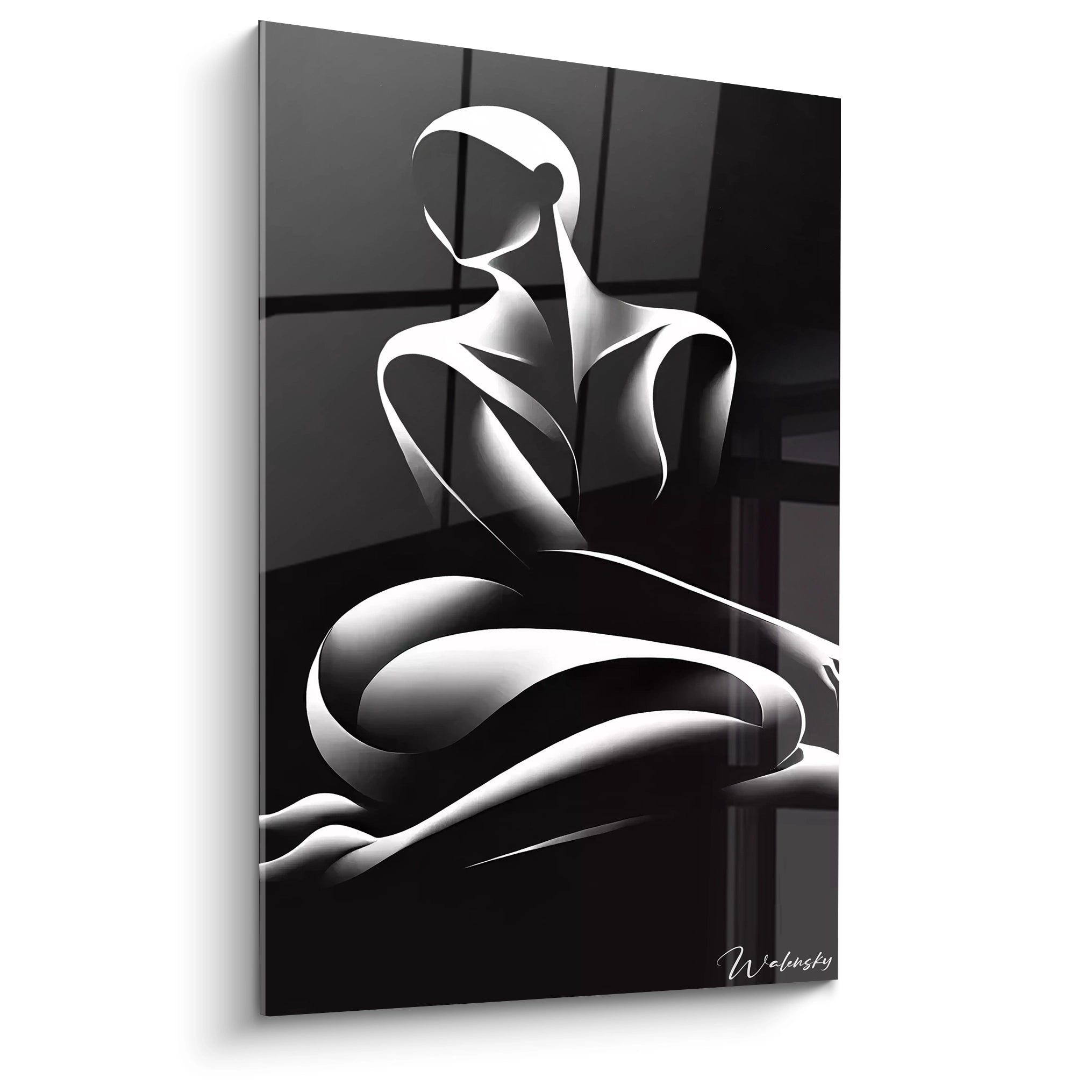 Tableau en verre acrylique noir et blanc - Grande taille - Collection moderne - Œuvre d'art murale décorative - Tableau en biais sur fond blanc - Art contemporain élégant - Idée de décoration intérieure.