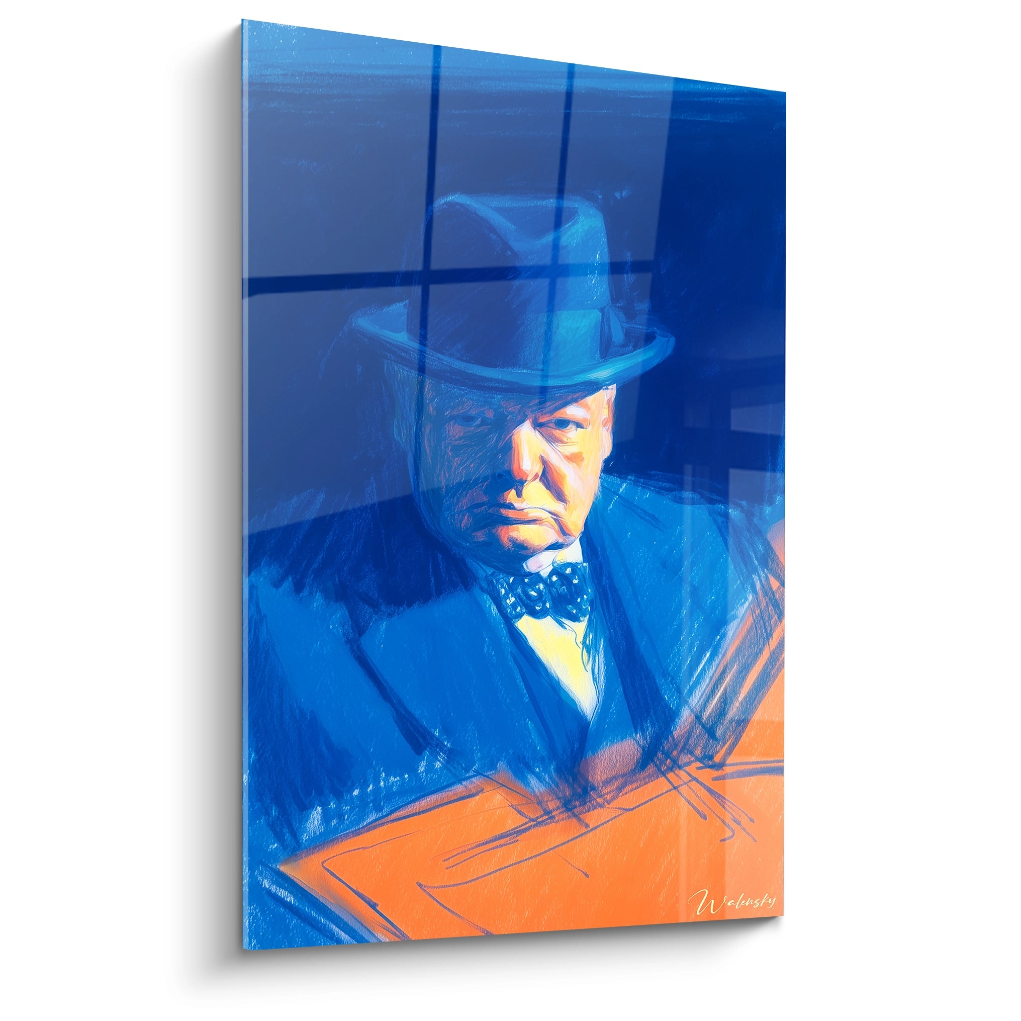 Tableau mural Walensky portrait stylise aux tons bleus et orange mettant en valeur tableau Winston Churchill bleu