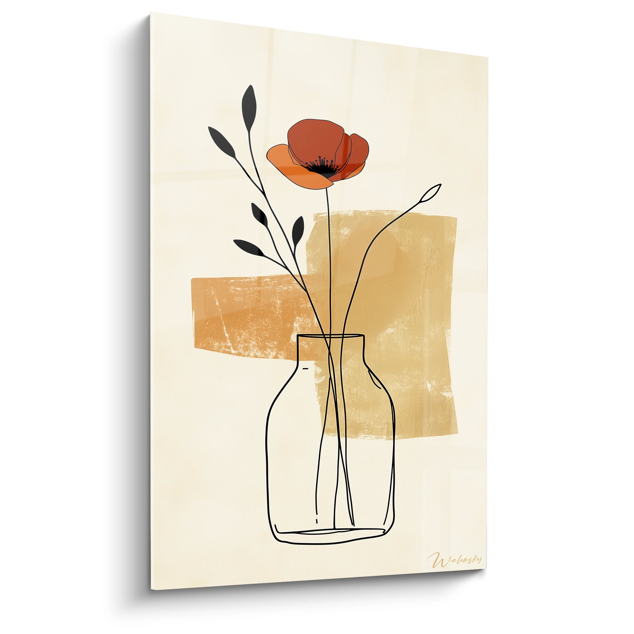 Un tableau coquelicot nature représentant une fleur rouge orangé aux traits noirs, dans un vase esquissé en noir, sur un fond beige texturé avec des formes abstraites ocres et marron.

