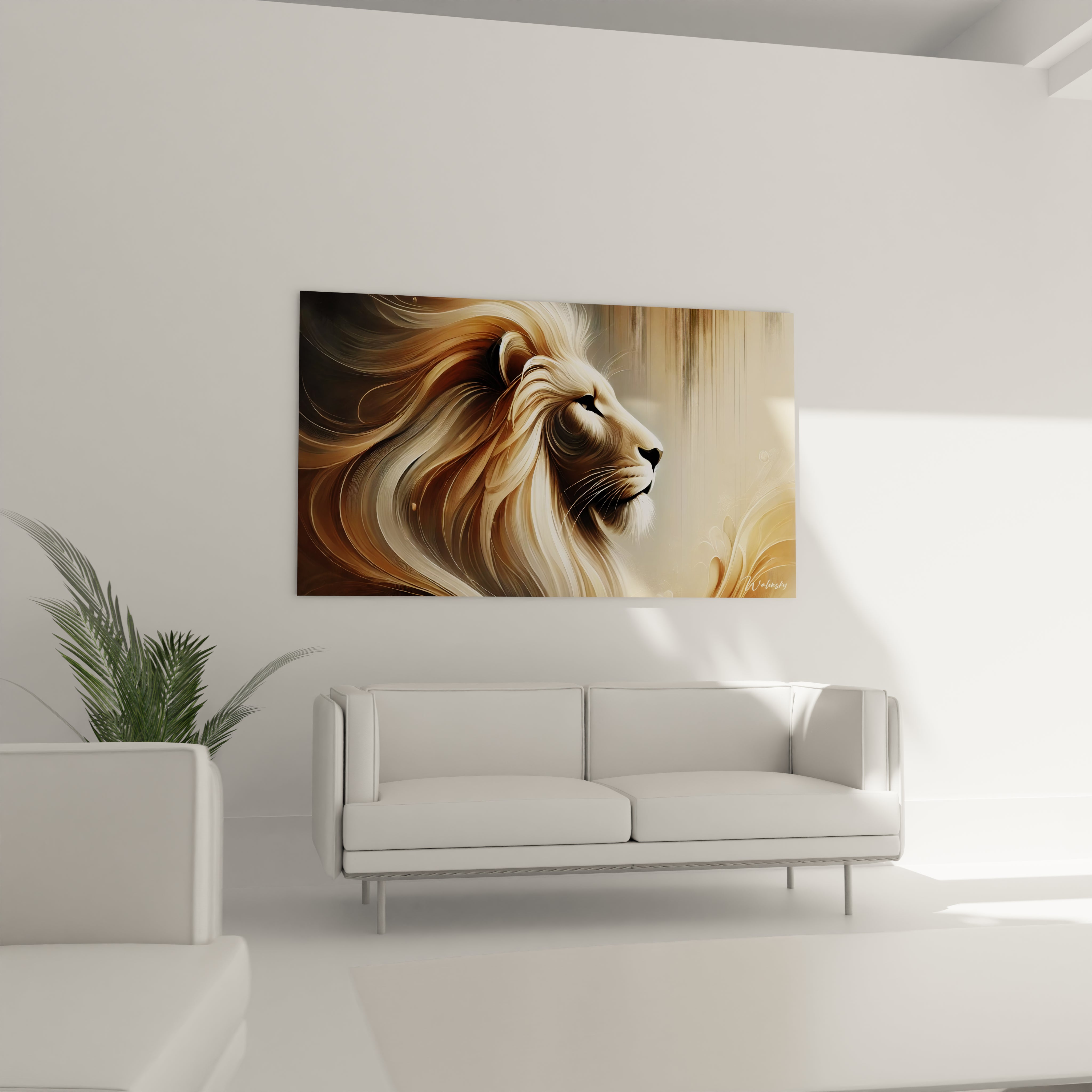 Tableau lion moderne installé au-dessus du canapé. Sa crinière fluide et son regard noble ajoutent une touche artistique et chaleureuse à l'espace de vie contemporain.