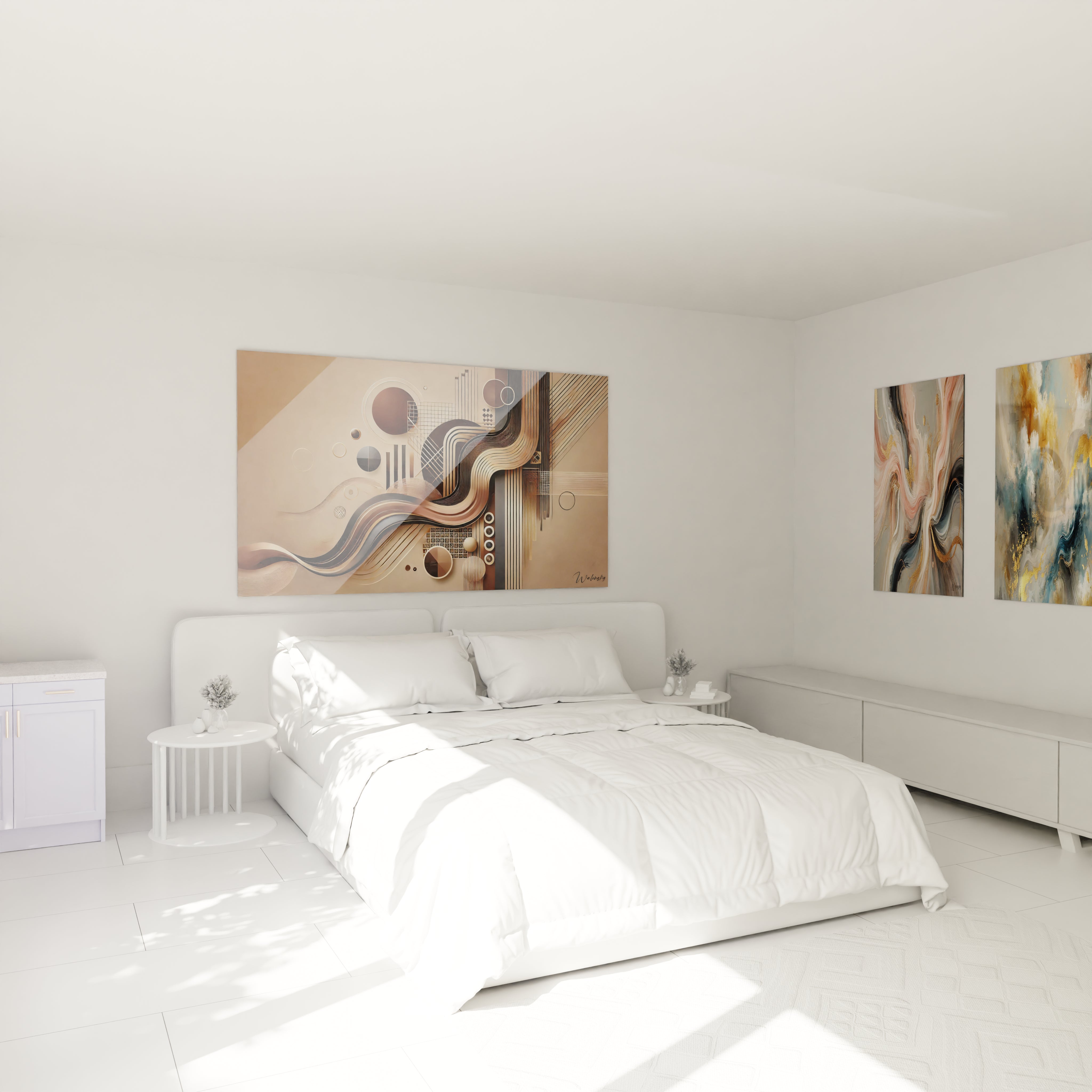 Tableau moderne avec des formes géométriques et des courbes dorées, parfait pour sublimer une chambre avec une ambiance chic et raffinée. Idéal pour ajouter une touche artistique sophistiquée. 