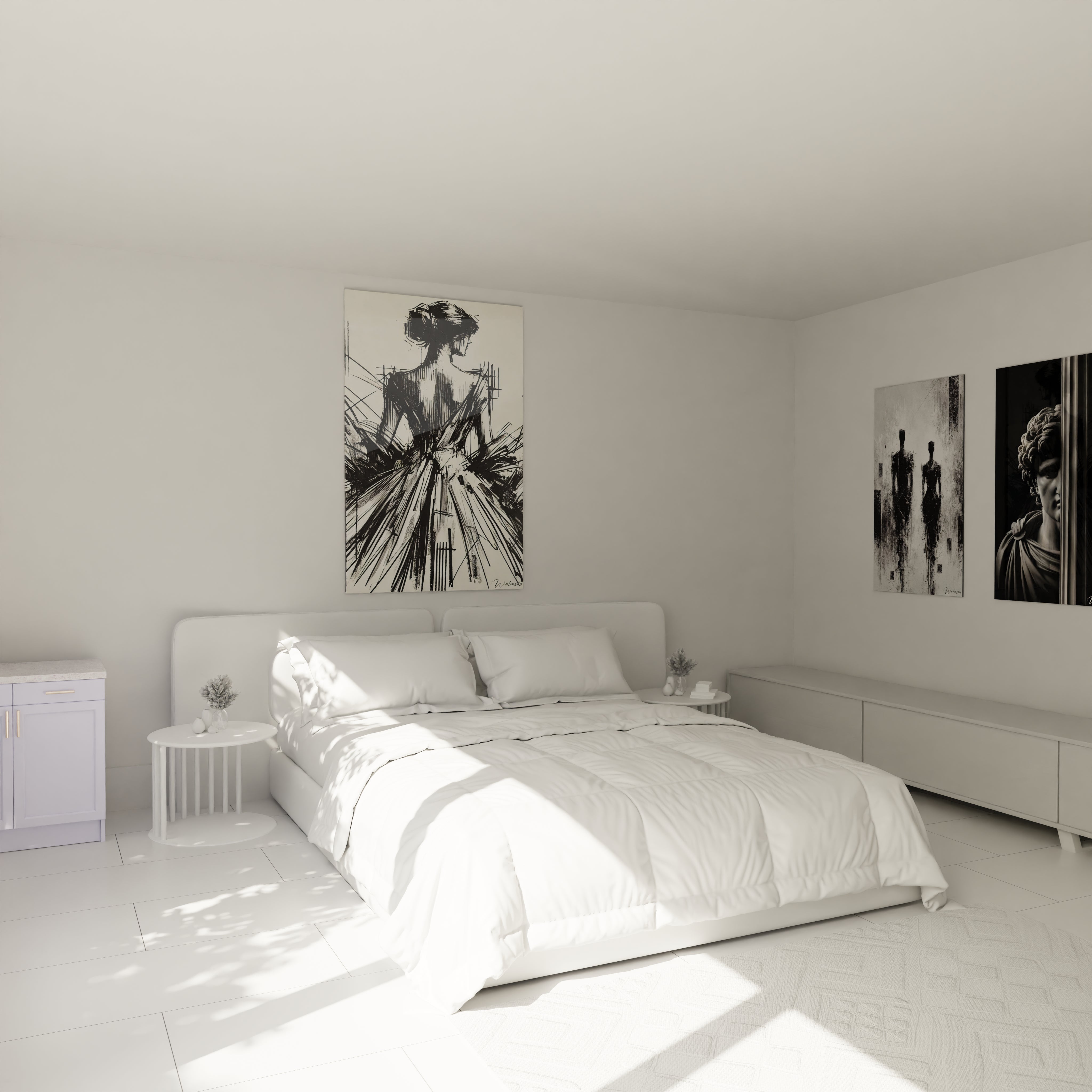 "Décoration de chambre avec le tableau 'Lignes de Mystère' au-dessus du lit – une touche d'art abstrait en noir et blanc pour un espace élégant et intrigant."