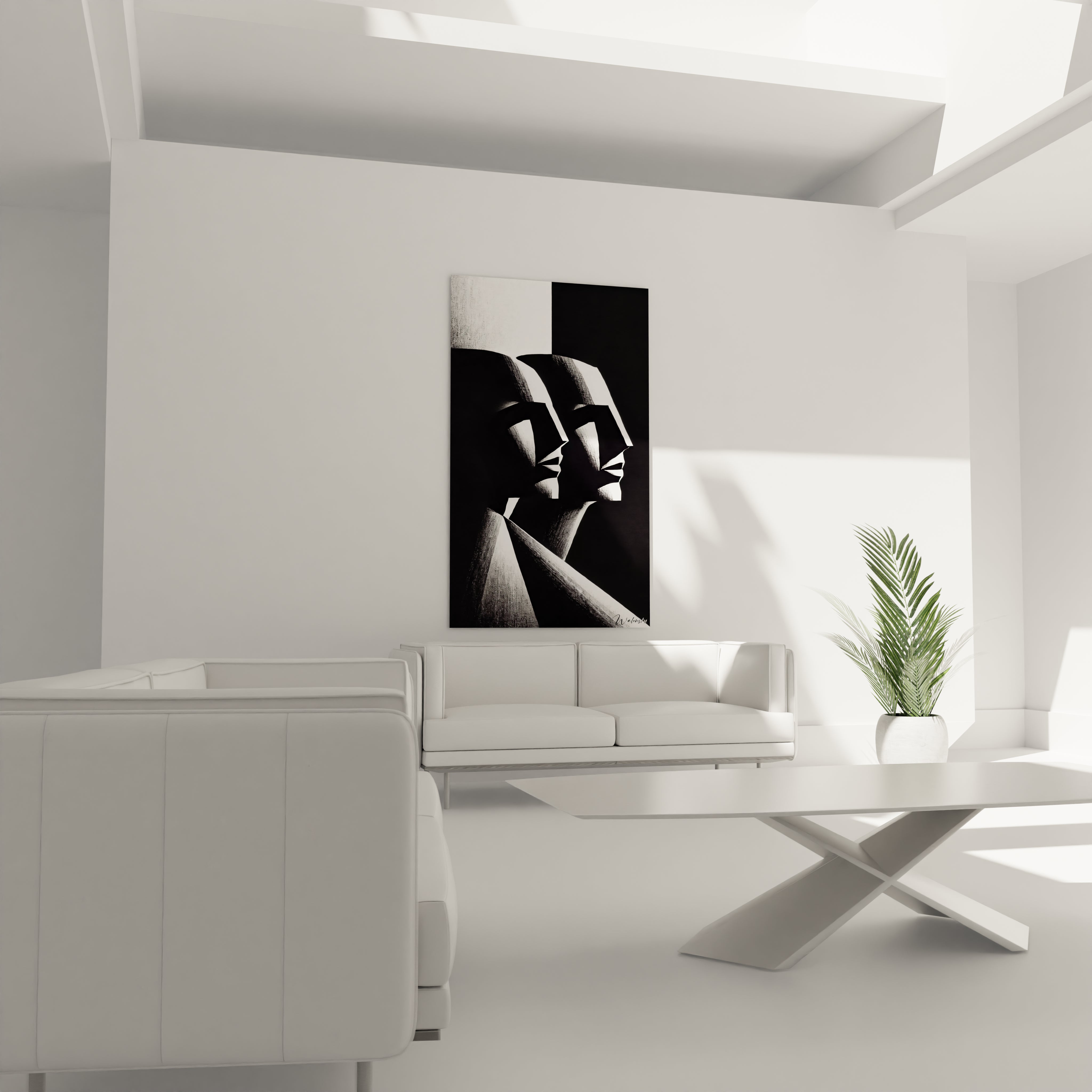 Tableau de visages stylisés noir et blanc dans le salon. Accent cubiste moderne, parfait pour créer une ambiance chic et épurée, jeu d'ombres et de lumière.