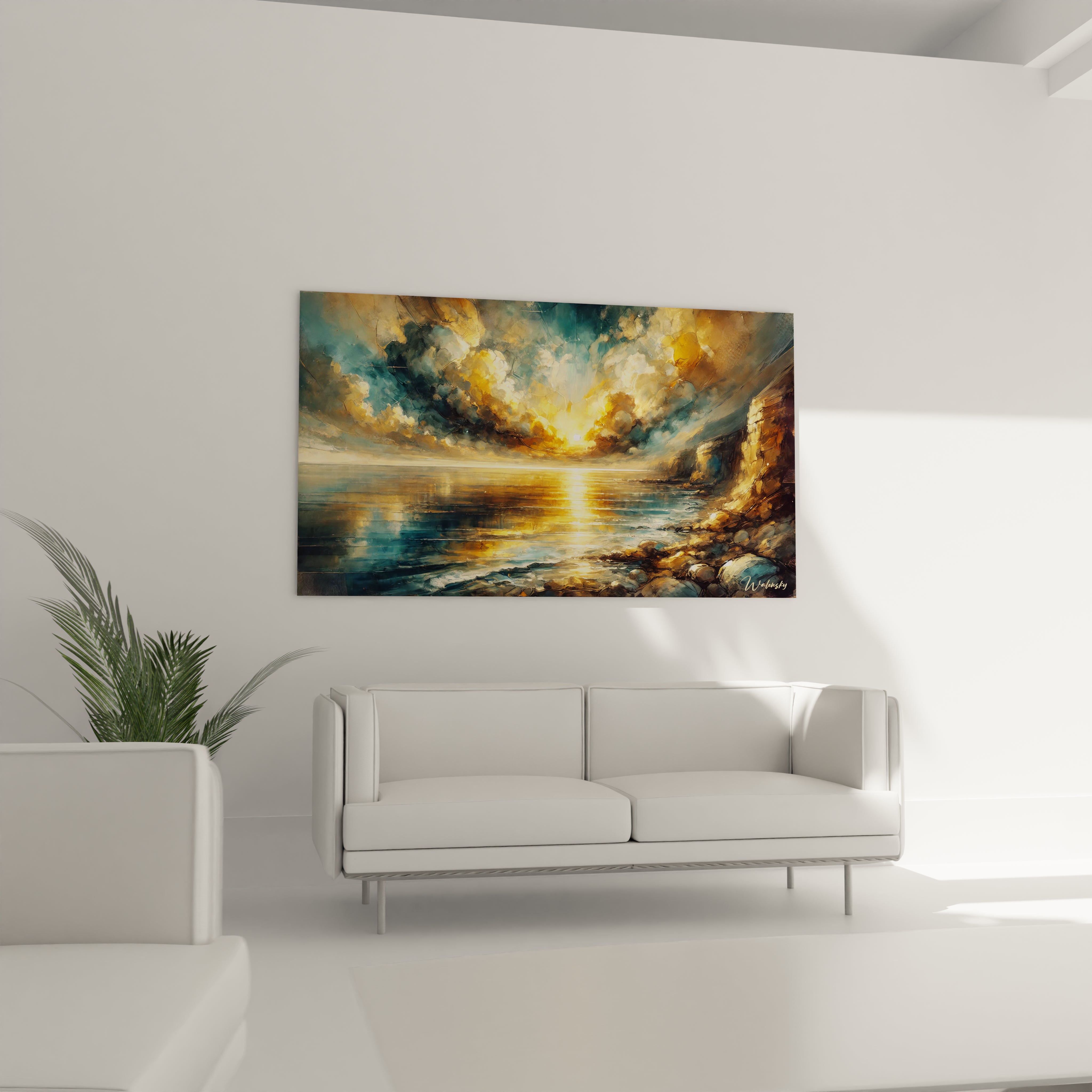 Décorez votre salon avec 'Crépuscule Doré', un tableau de coucher de soleil lumineux, parfait pour sublimer votre espace avec ses couleurs dorées et son ambiance sereine."