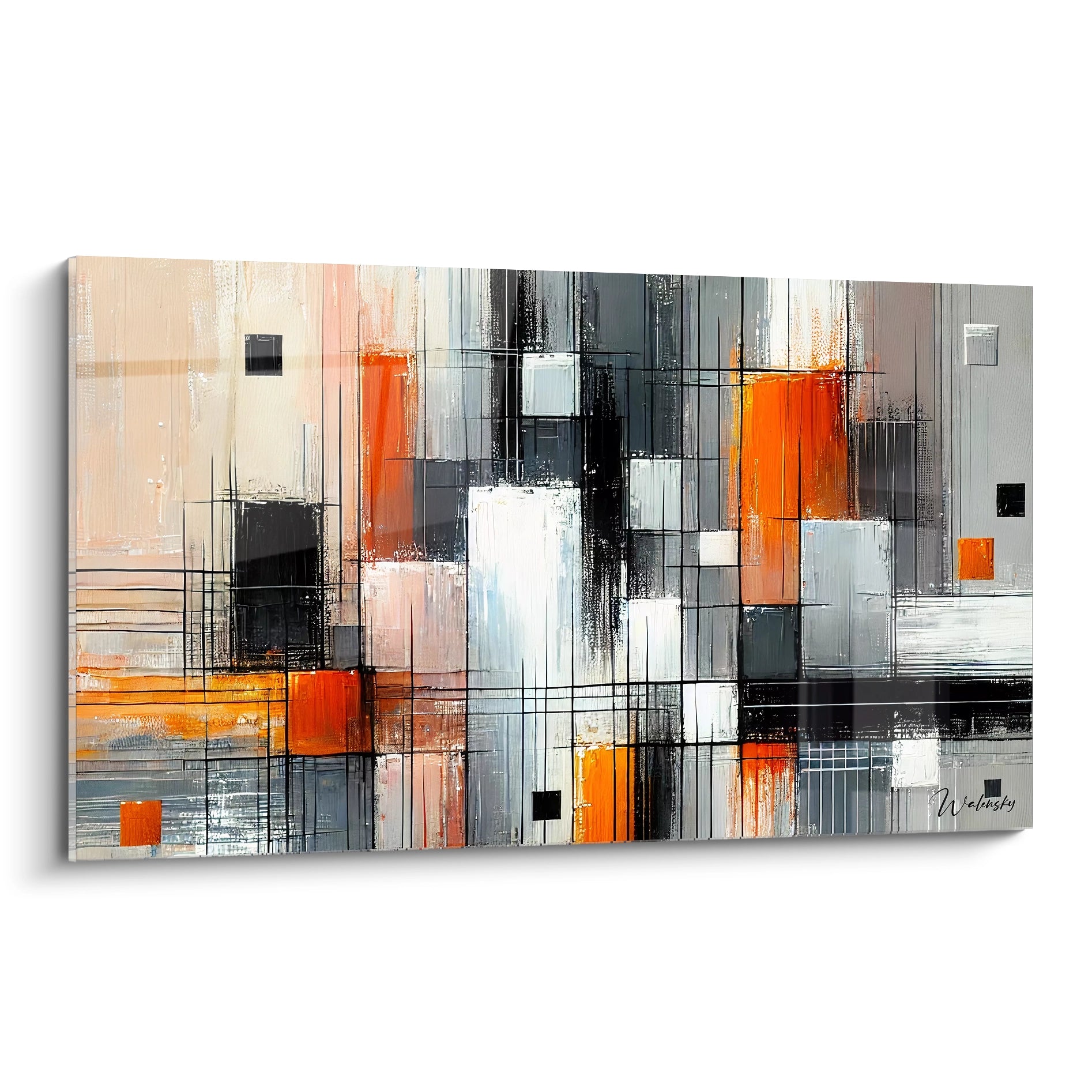 Tableau abstrait moderne en tons de gris, orange et noir. Effet cubisme avec formes géométriques et lignes noires structurées. Une composition dynamique et captivante.
