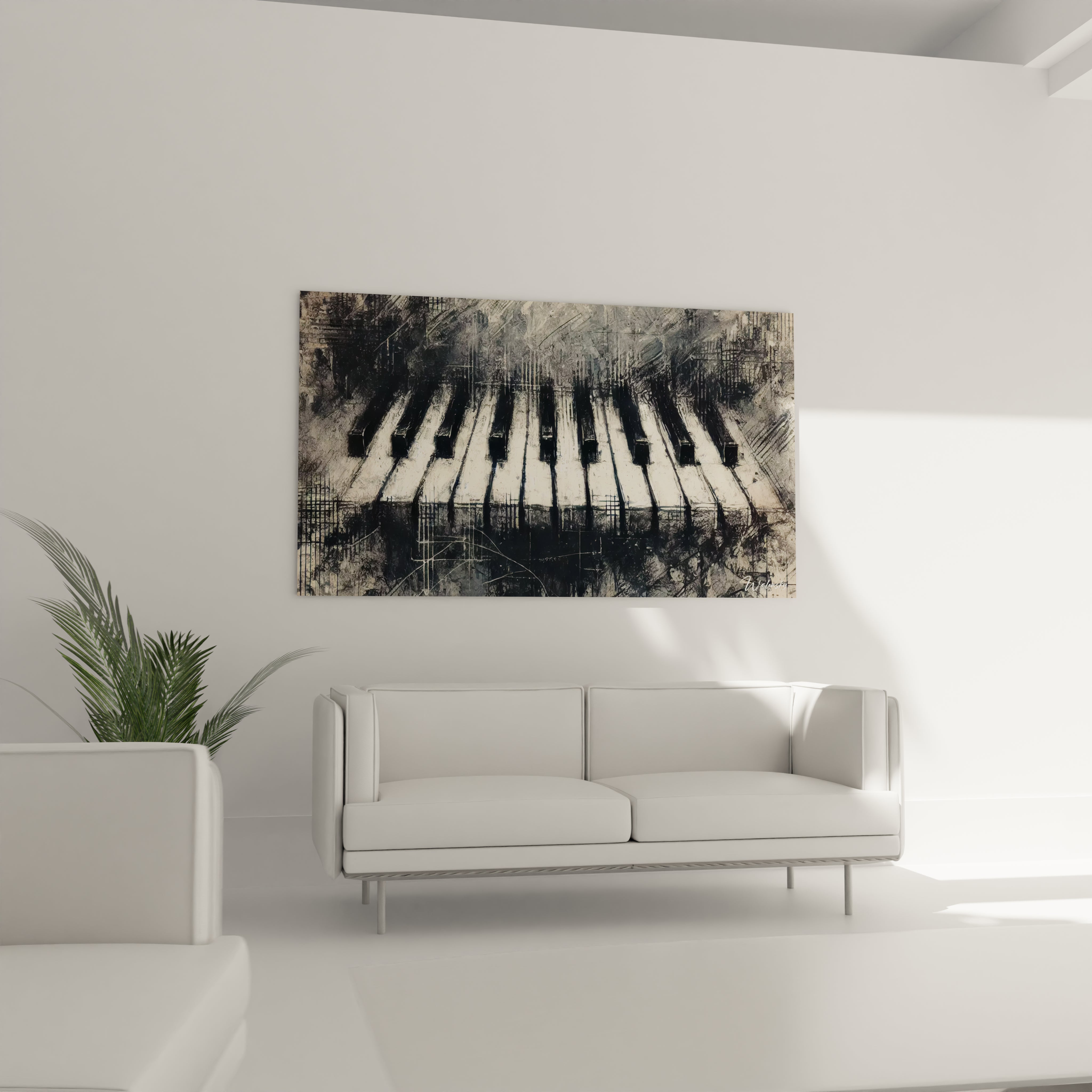  Tableau piano noir et blanc, accroché au mur d'un salon. Les lignes abstraites et les ombres ajoutent une touche artistique et moderne à la pièce.