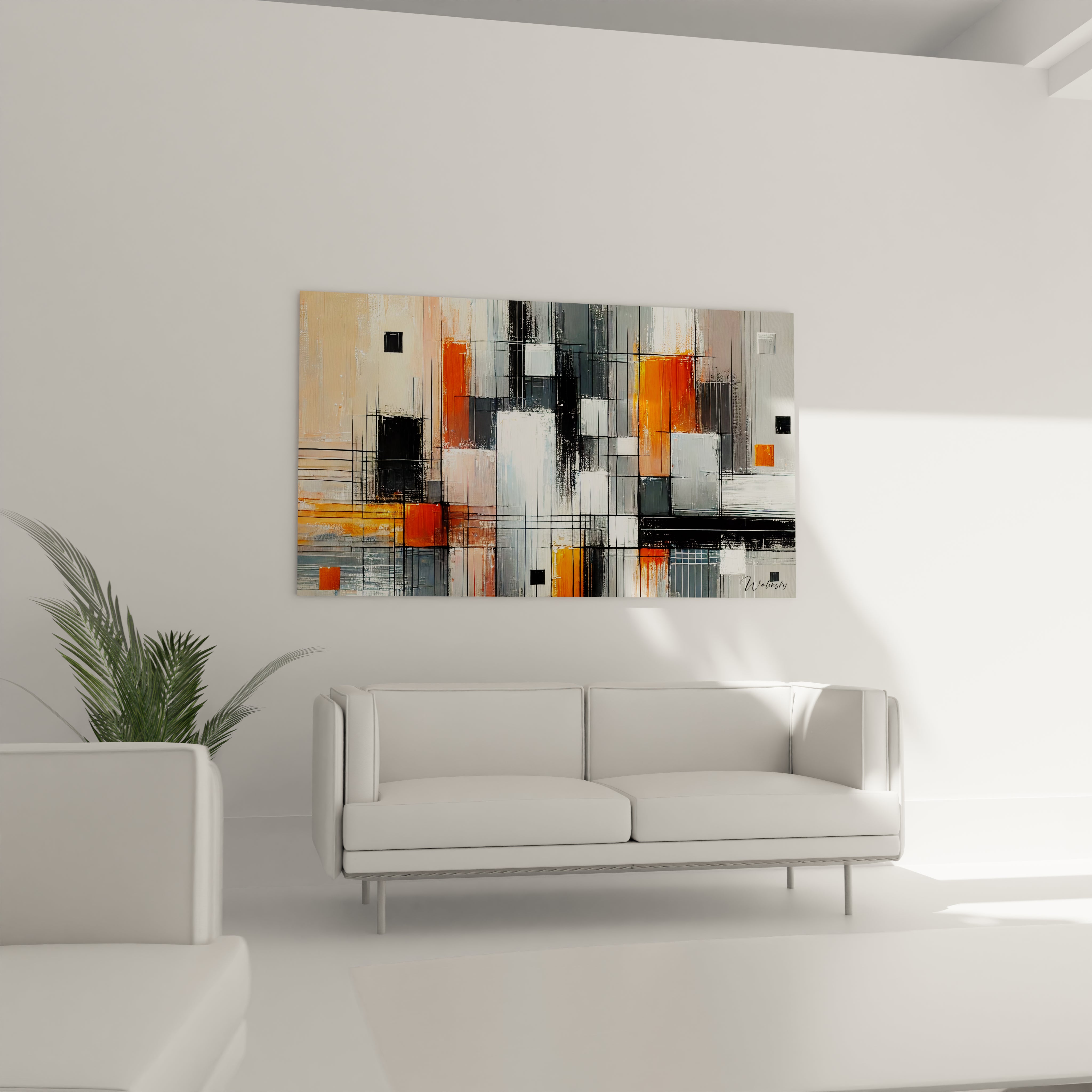 Tableau abstrait aux formes géométriques dans un salon. Couleurs orange, gris et noir pour une ambiance moderne. Effet cubisme pour une décoration murale audacieuse.