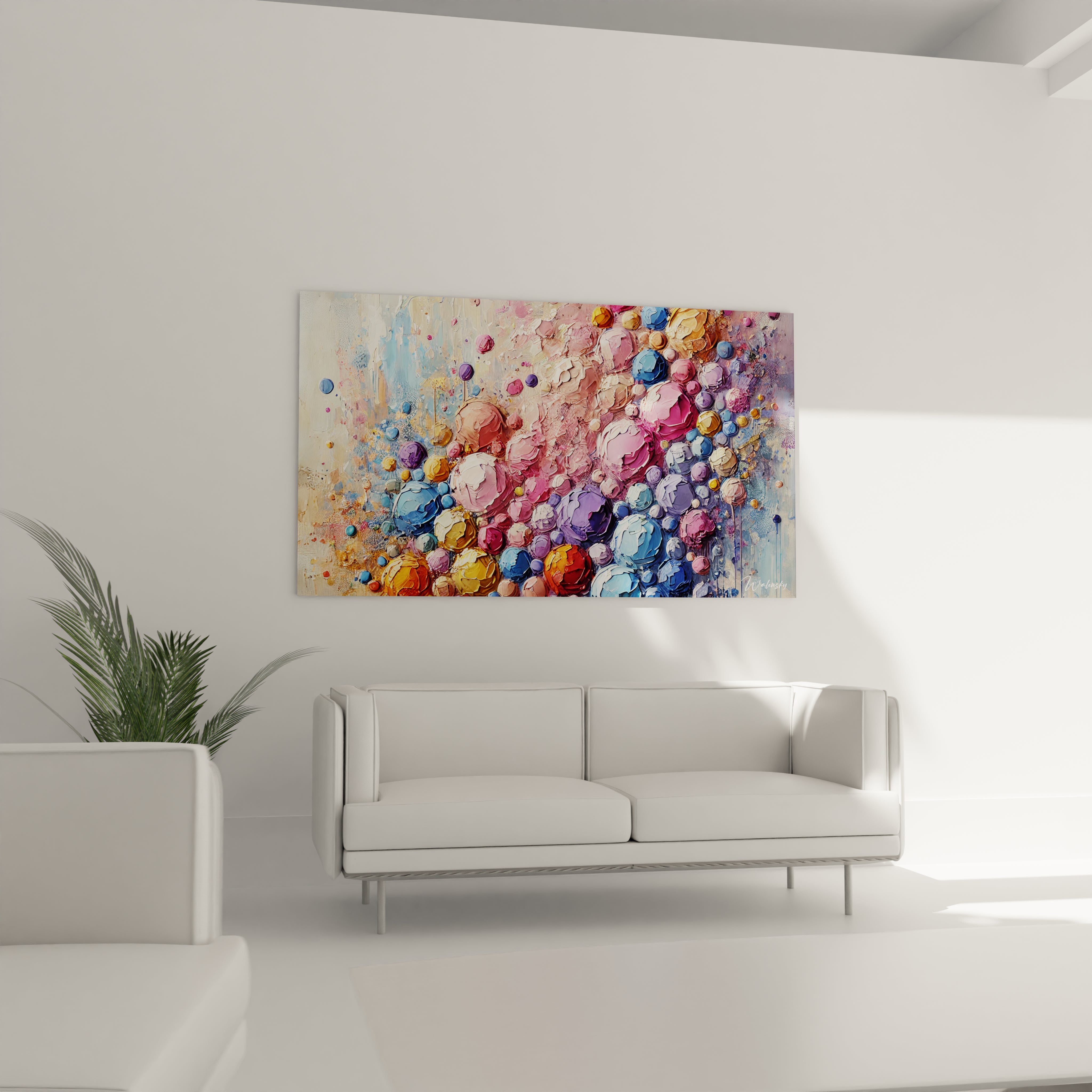 "Tableau multicolore de bulles flottantes accroché au-dessus du canapé dans un salon. Les nuances vives de rose, bleu et jaune donnent une ambiance vivante et accueillante à l'intérieur."

