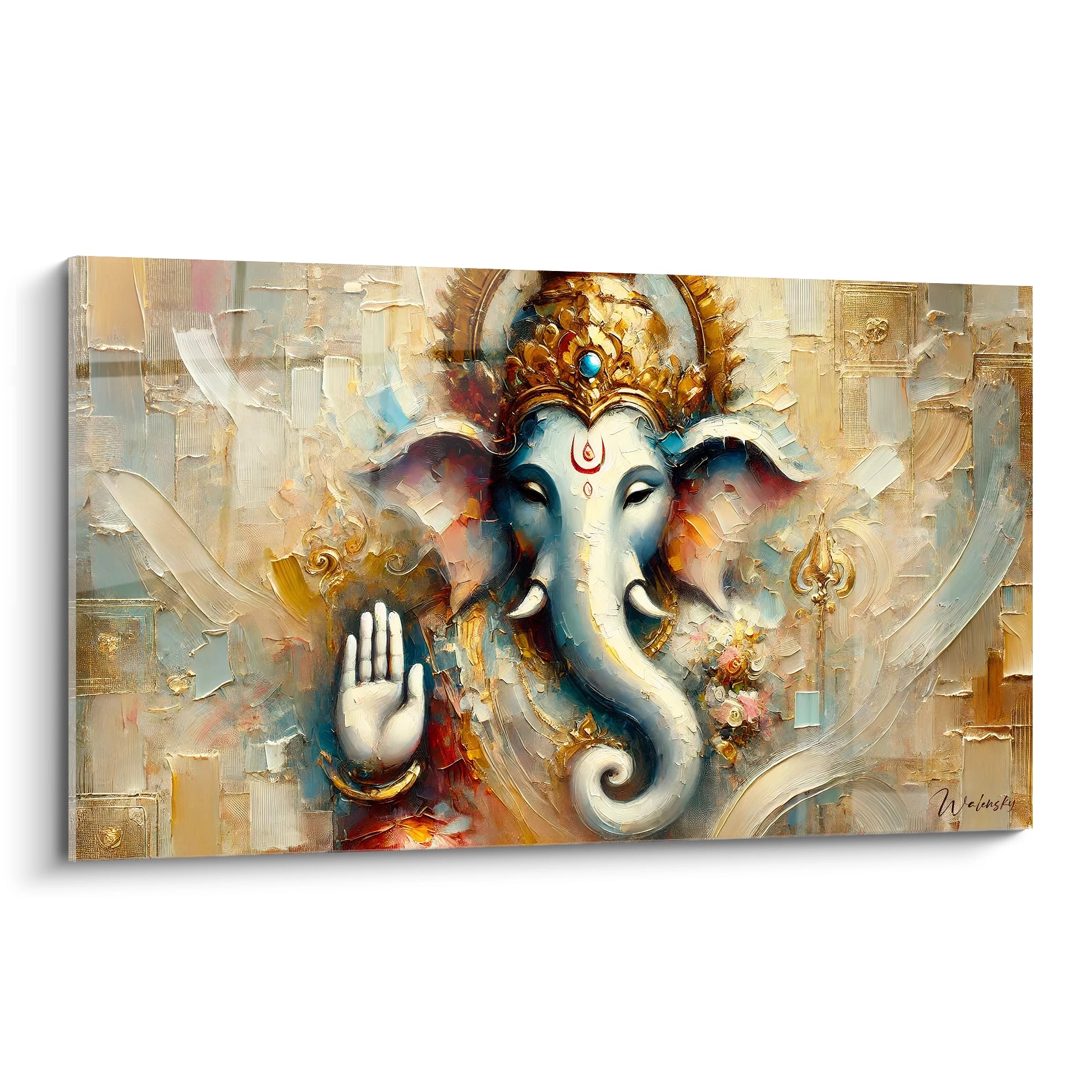 Vue de biais, ce tableau Asie avec Ganesh incarne la spiritualité et la sagesse. Les couleurs vibrantes et les ornements dorés capturent l'essence divine, parfaite pour un décor paisible.

