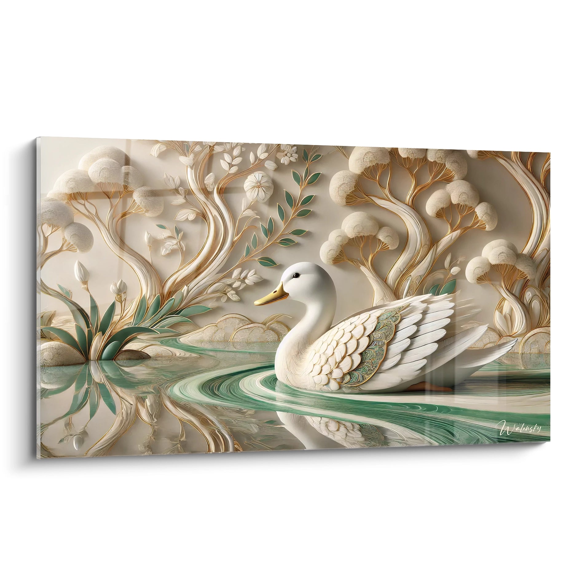 Tableau canard poetique et mystique vu de biais capture la beaute naturelle du canard dans des tons doux et des formes stylisees parfait pour apporter une touche de serenite a votre interieur

