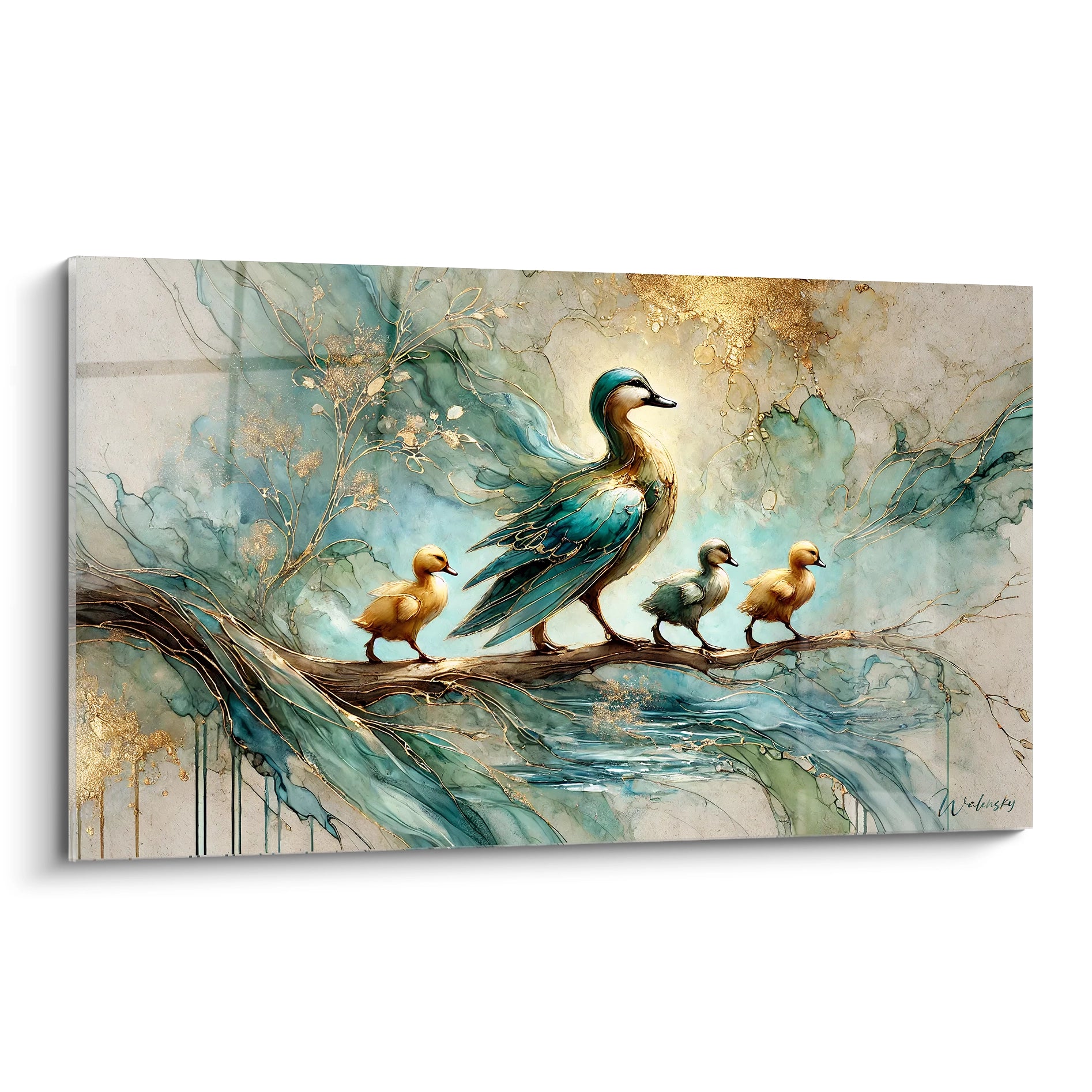 Tableau canard vu de biais montrant l'elegance d'une scene familiale. Les nuances de bleu marine et touches dorees capturent un instant serein en pleine nature pour une ambiance apaisante


