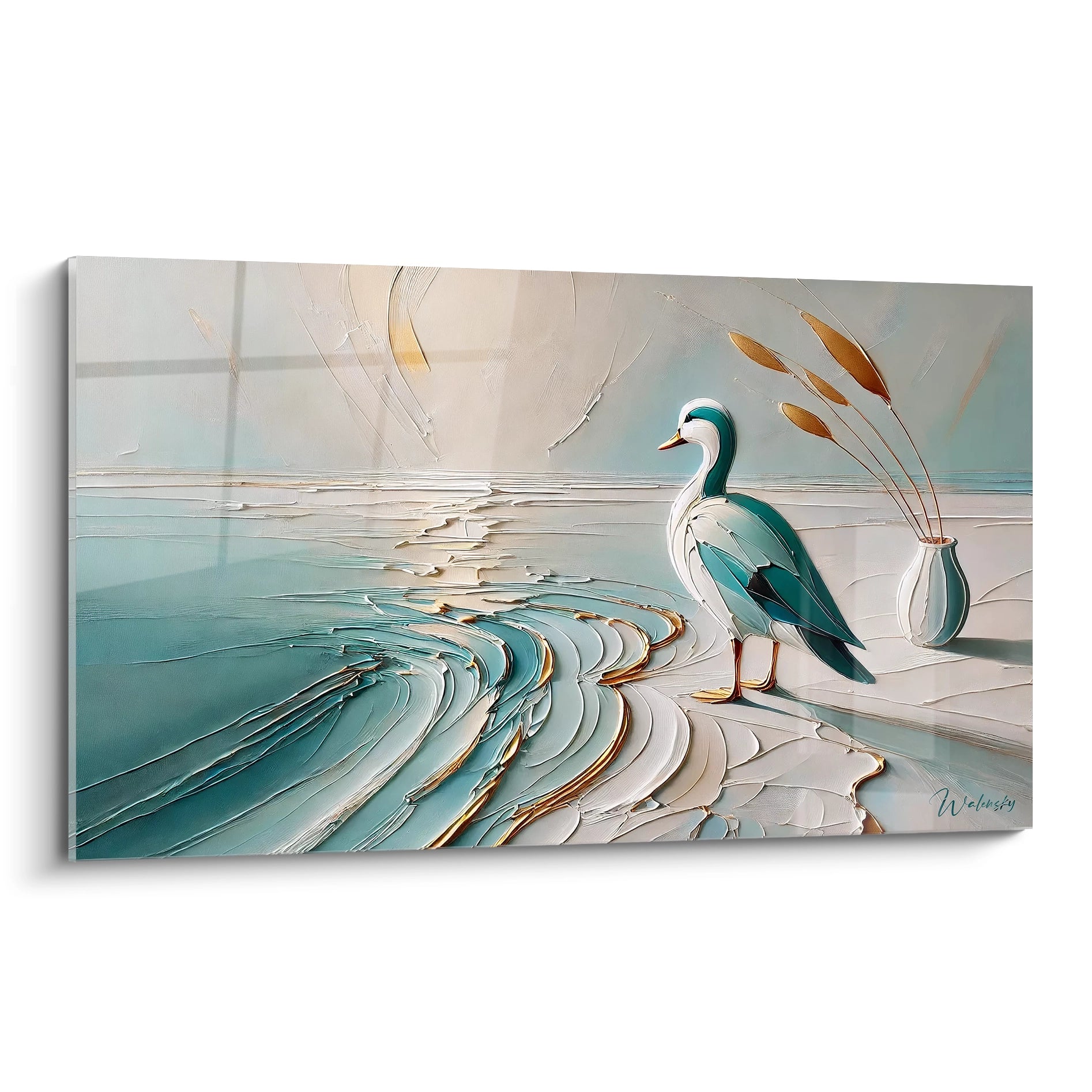 Vue de biais, ce tableau canard presente des textures et des reliefs abstraits qui evoquent un instant de serenite. Les nuances de bleu, beige et or ajoutent a son charme contemporain.

