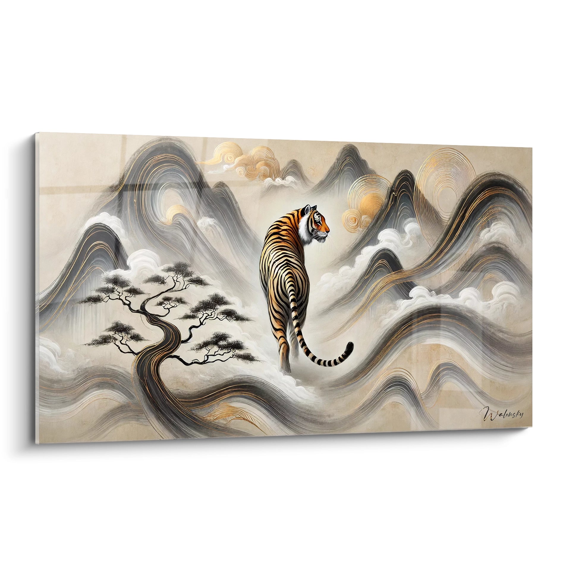 Presentation unique de ce tableau chinois marie la puissance du tigre et la serenite des montagnes abstraites Inspiré des paysages anciens un effet moderne parfait pour tout interieur