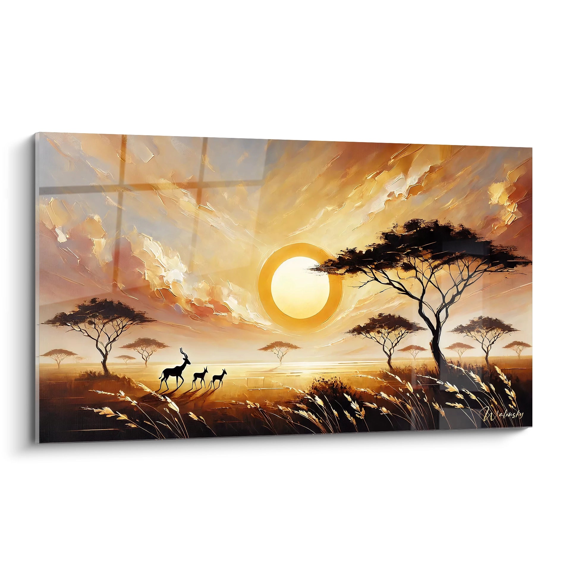 Ce tableau Coucher de Soleil offre une vue de biais captivante, mettant en avant la beauté sauvage de la savane africaine avec ses couleurs or et noir qui illuminent l'espace.

