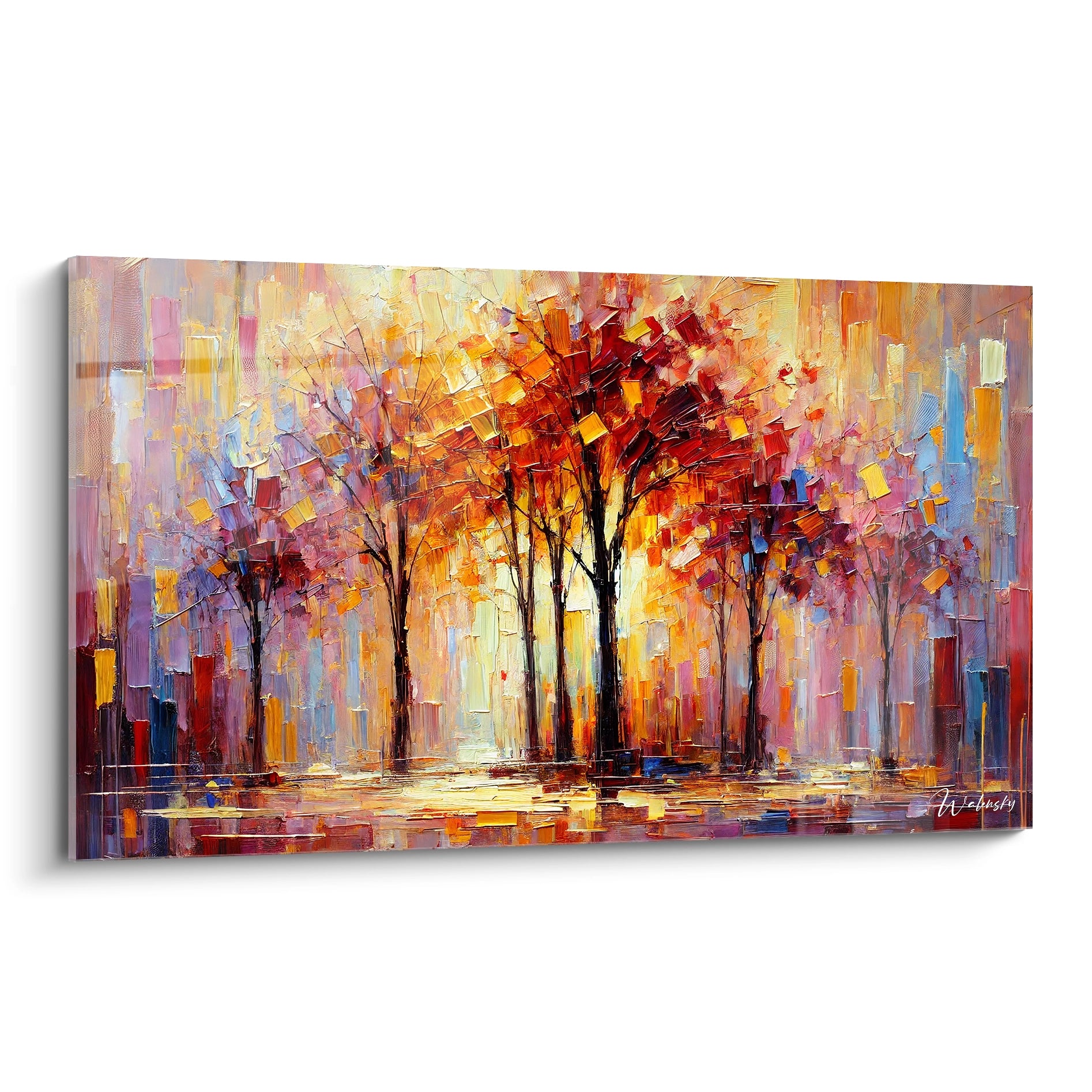 tableau foret vibrant et multicolore presente de biais Illuminez votre interieur avec cet hommage a la chaleur automnale et a l energie de la nature avec des tons rouges et oranges chaleureux

